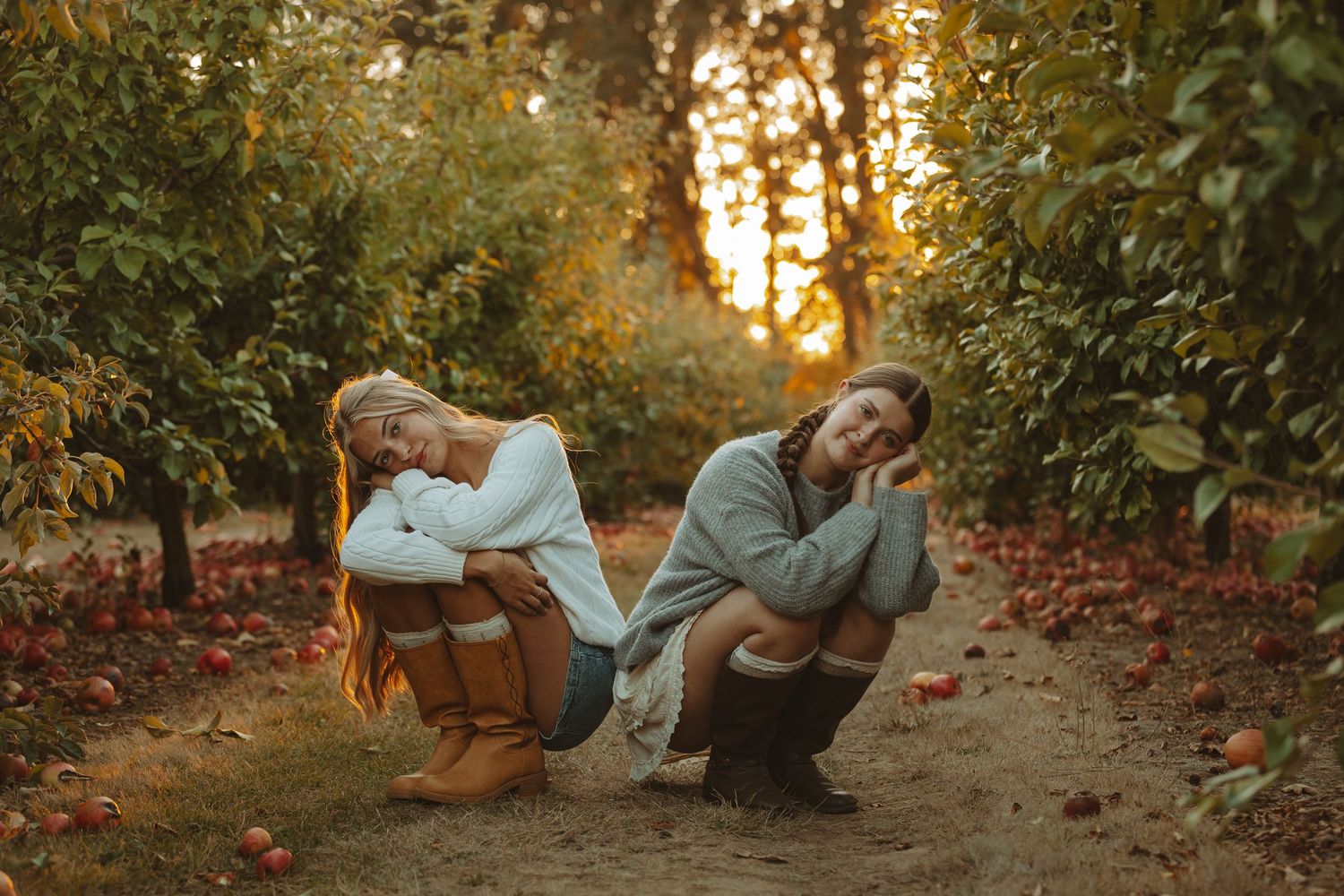Candid autumn photoshoot in an orchard during sunset.