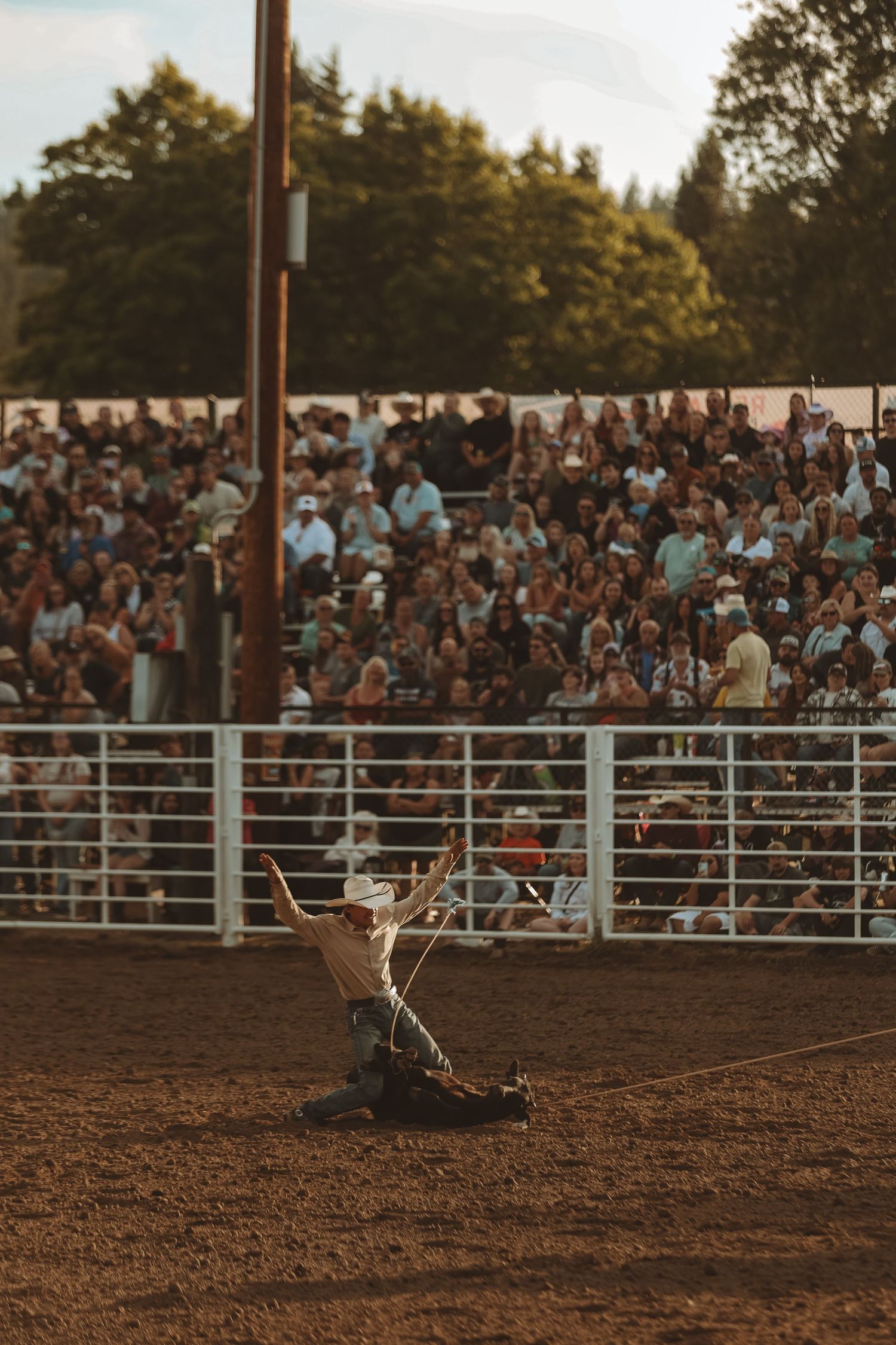 Rodeo performer executing a dramatic move in the dirt arena before a packed crowd.