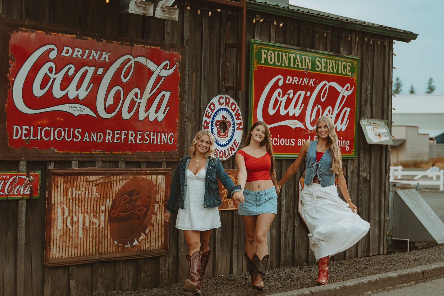 Row of classic Coca-Cola and fountain service signs mounted on weathered wooden wall.