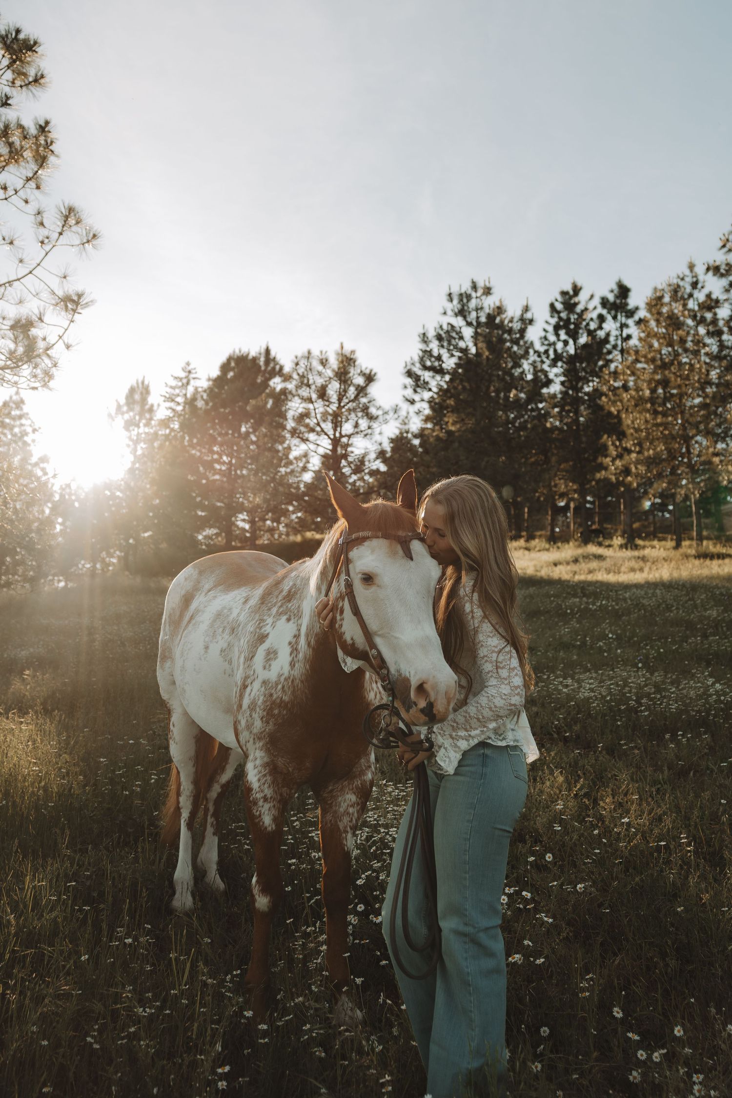 Woman in white lace top and jeans kissing a paint horse in a sunlit meadow with pine trees in background.