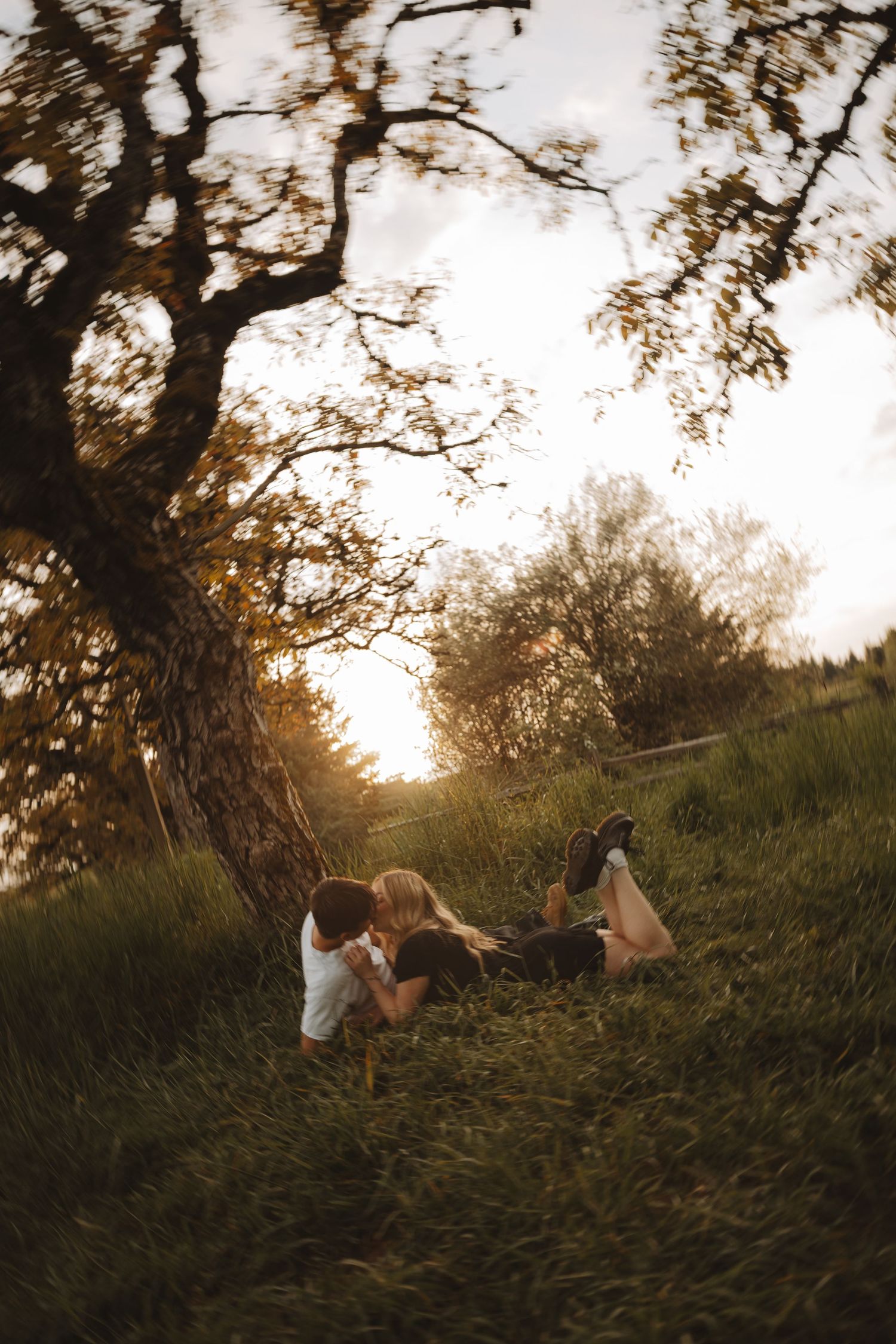 Couple kissing and lying in lush green grass under a large tree at golden sunset in a romantic outdoor setting.