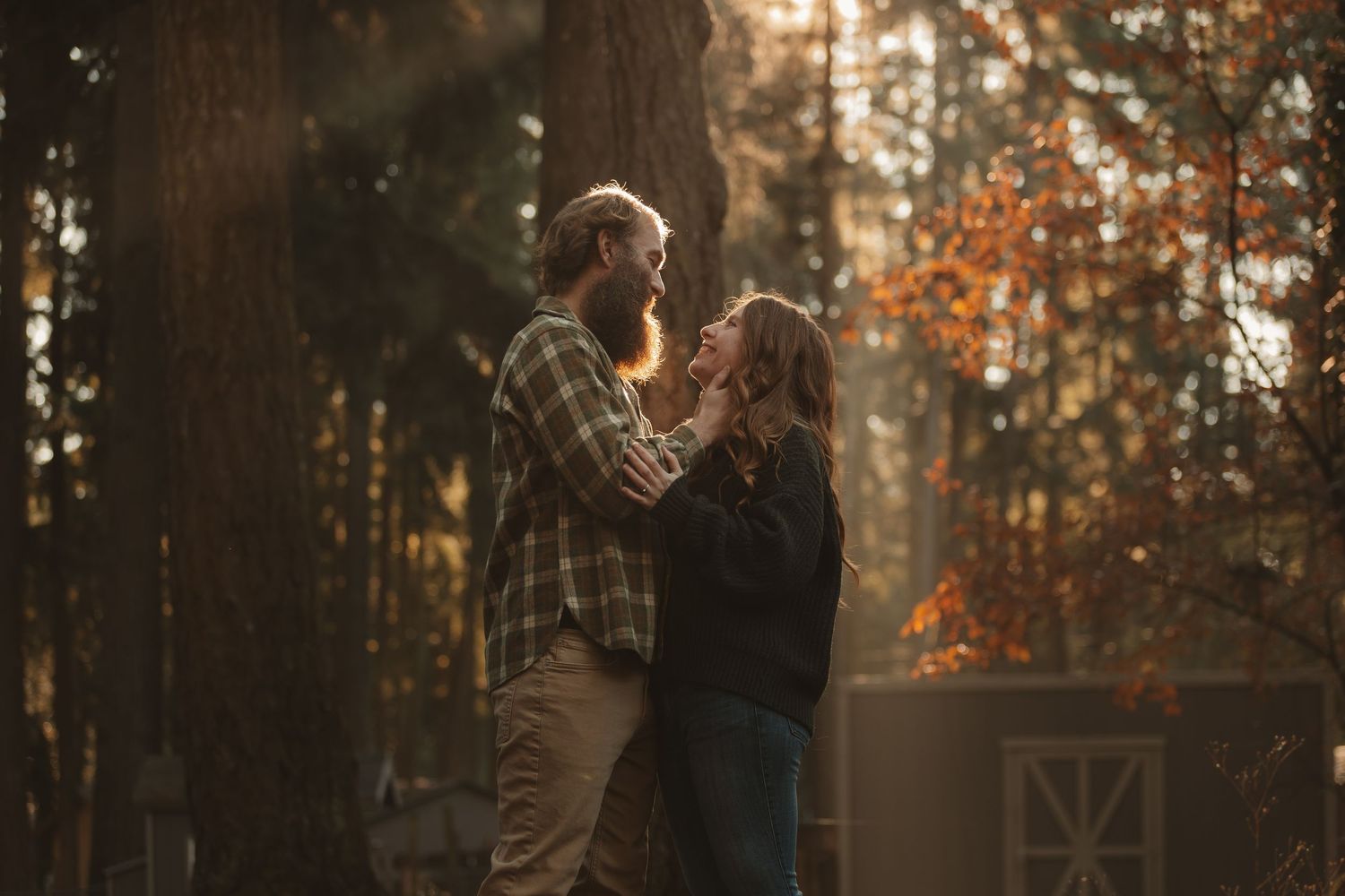 Autumn forest scene with sunlight streaming through trees and orange foliage creating a warm, ethereal atmosphere.