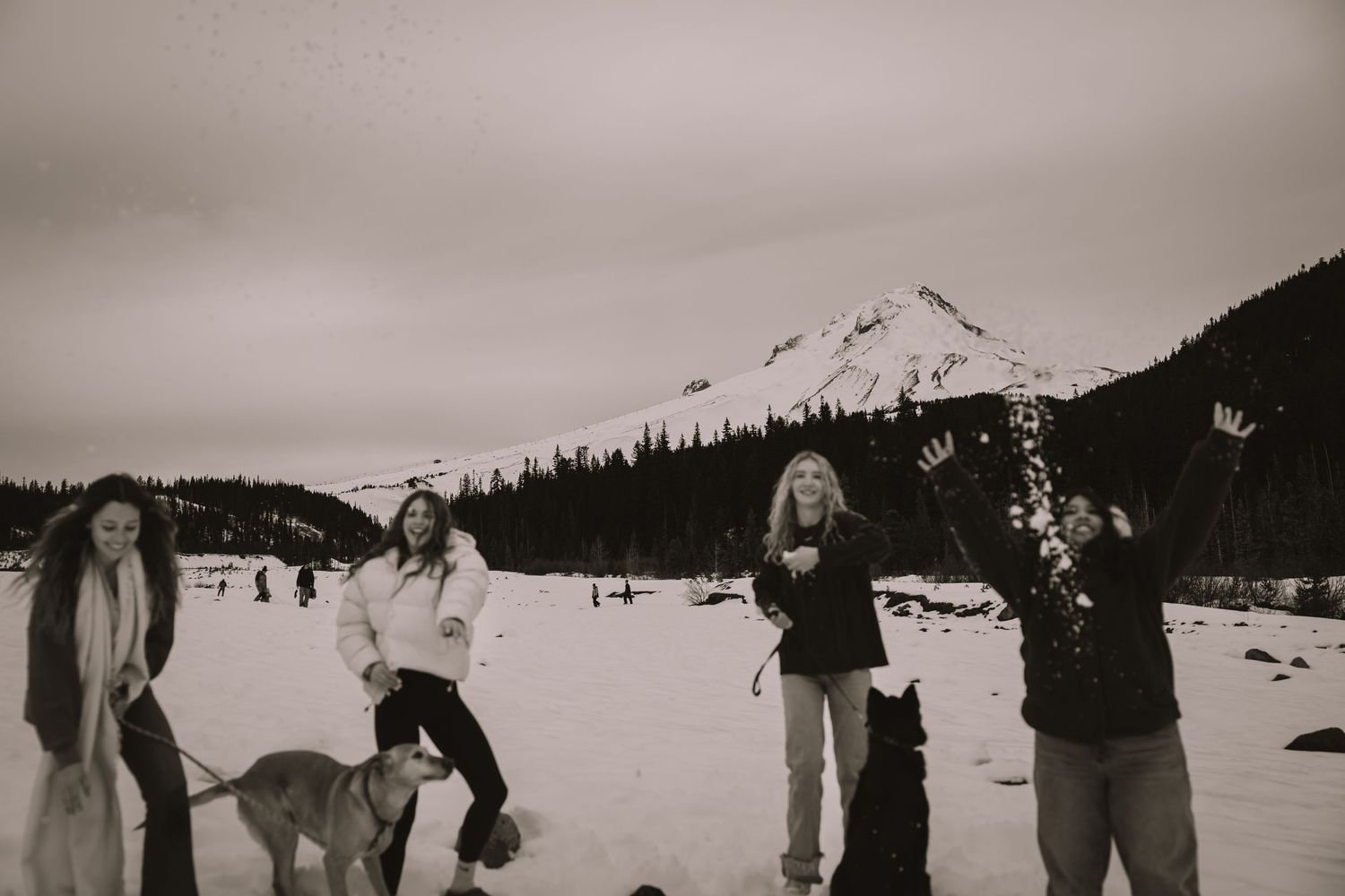 Black and white photo of four women with dogs playing in snow near mountain.