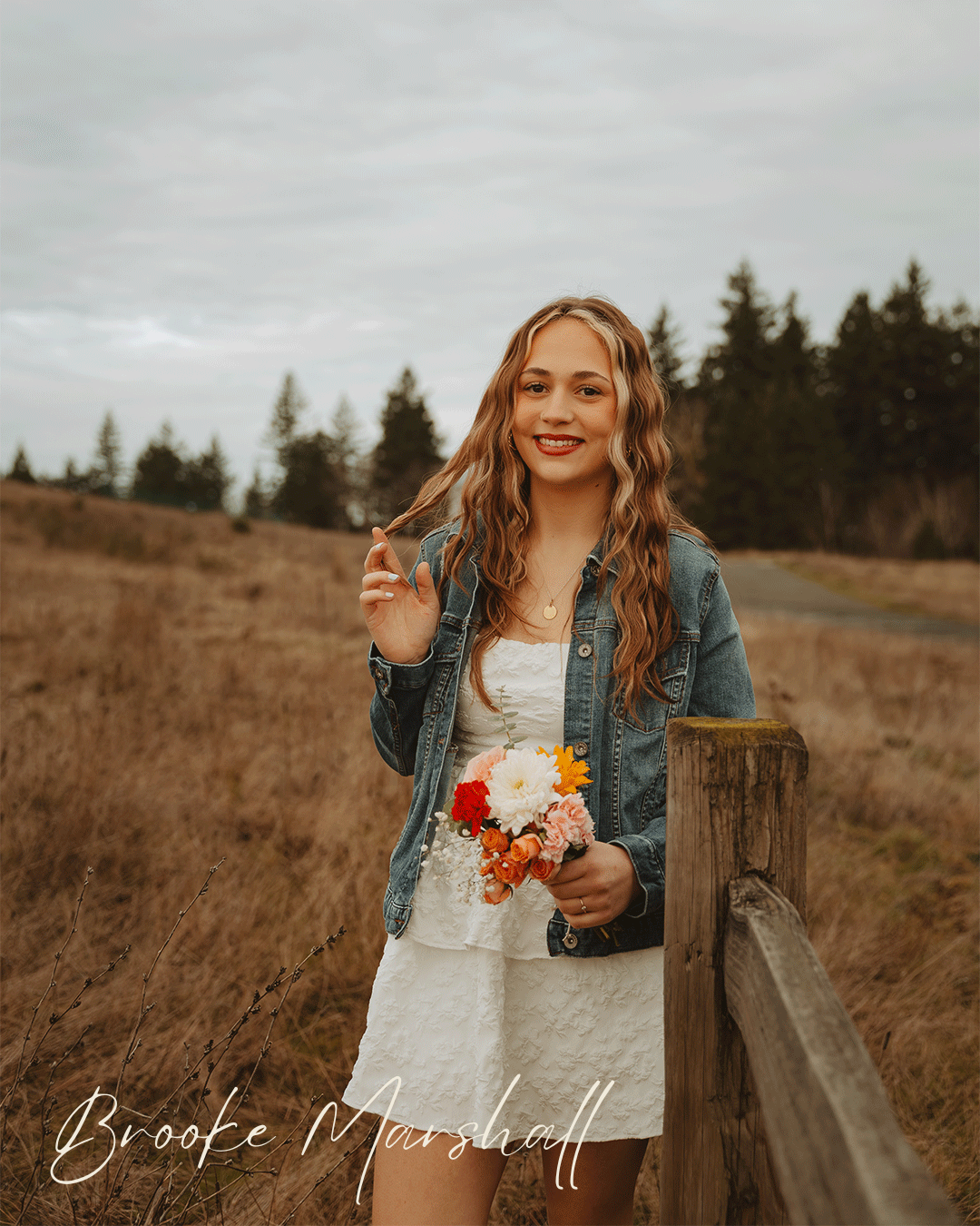 A dreamy autumn portrait session in a golden field with rustic wooden fence and moody overcast sky.