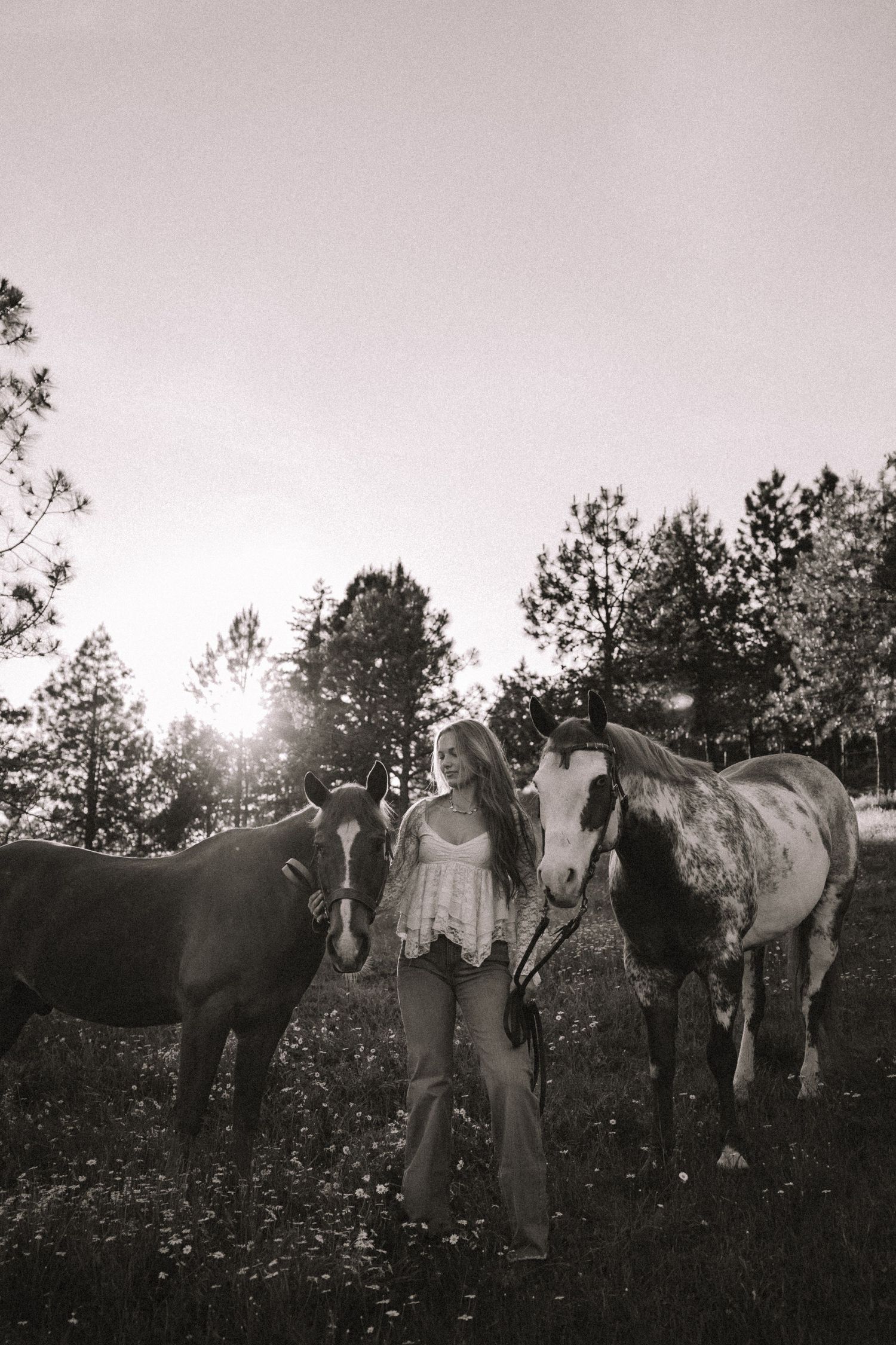 Young woman standing with two horses in a sunlit forest field, black and white photography.