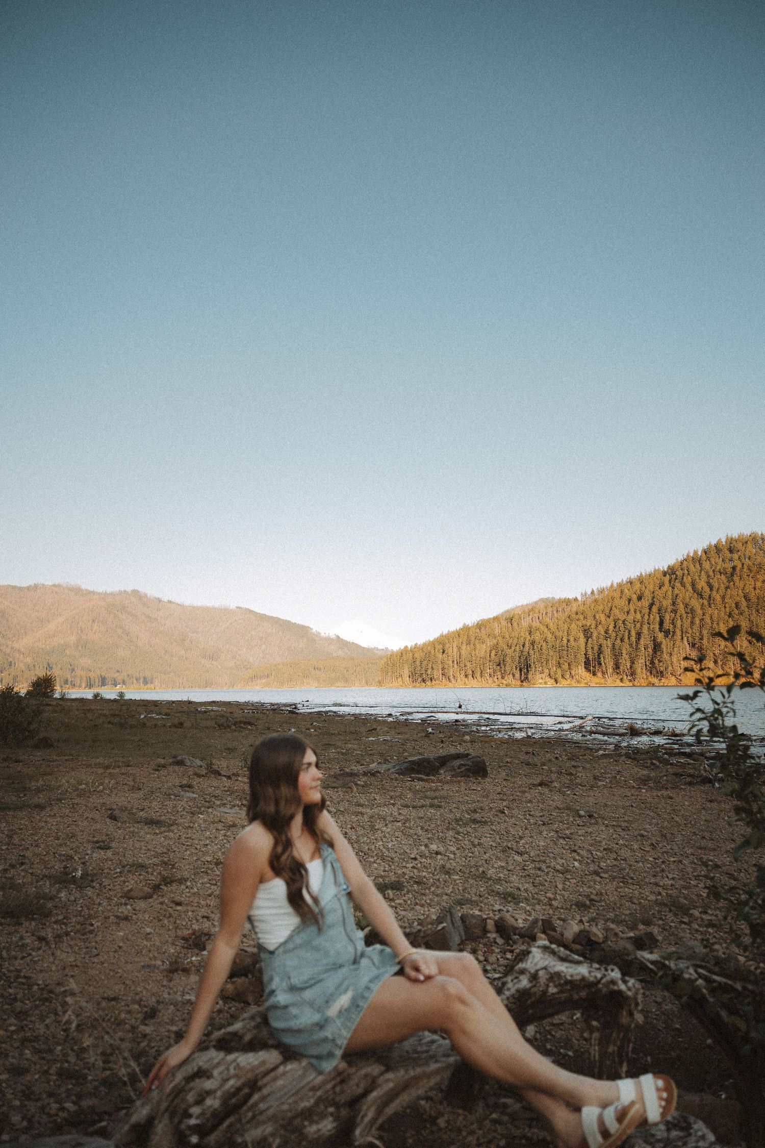 Brunette woman in blue skirt sitting on driftwood by a serene mountain lake at golden hour.