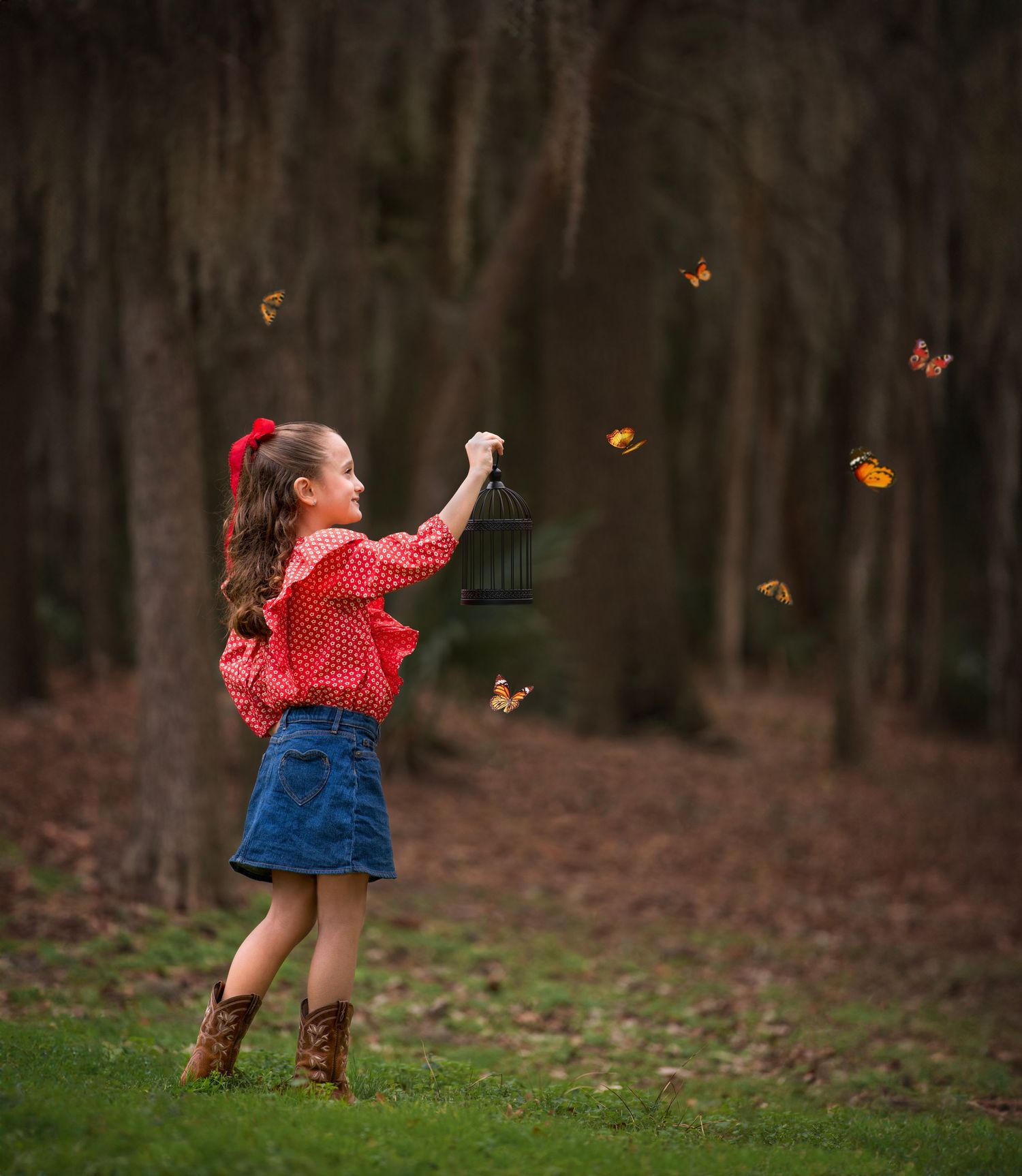 Child in red top and denim skirt dances with butterflies in a magical forest scene.