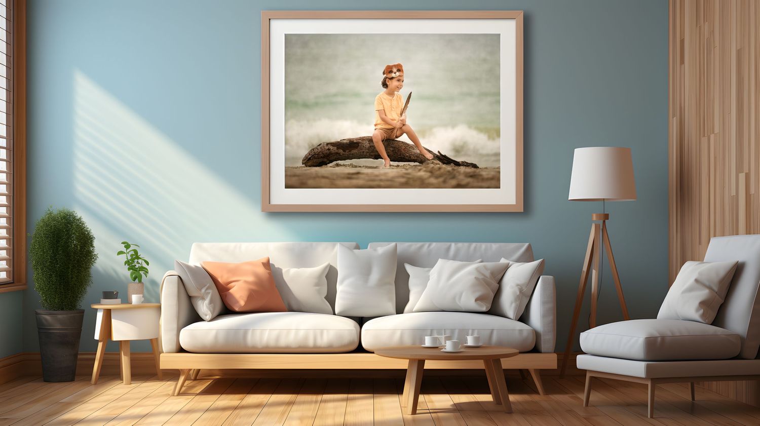 Modern living room interior with gray sofa, wooden furniture and framed artwork on blue wall.