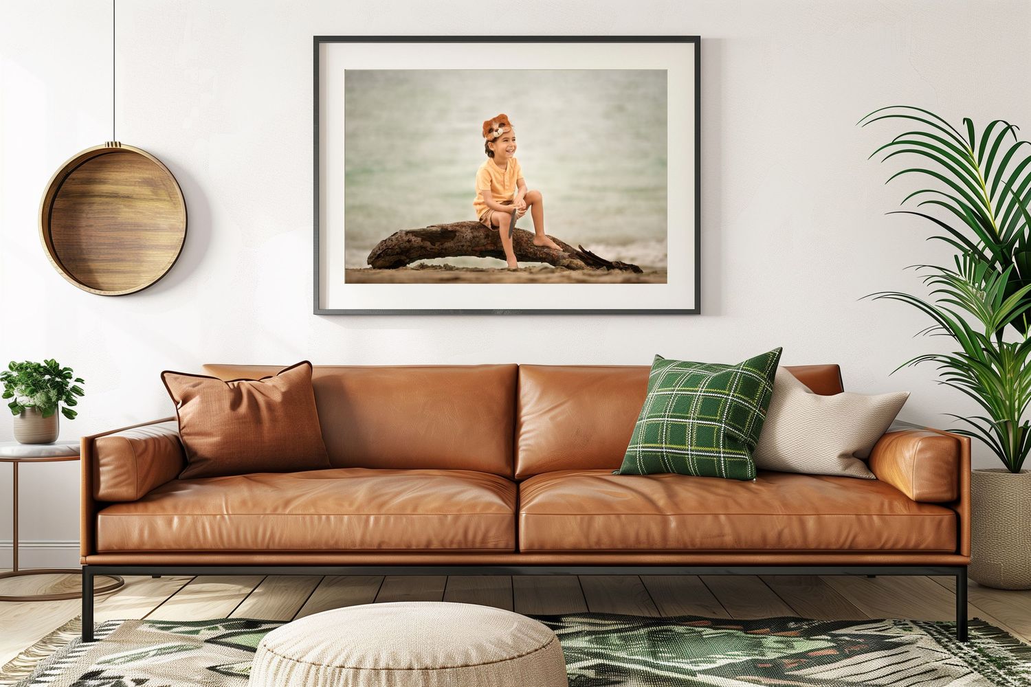 Modern living room with leather sofa and framed beach photograph of kid above it.