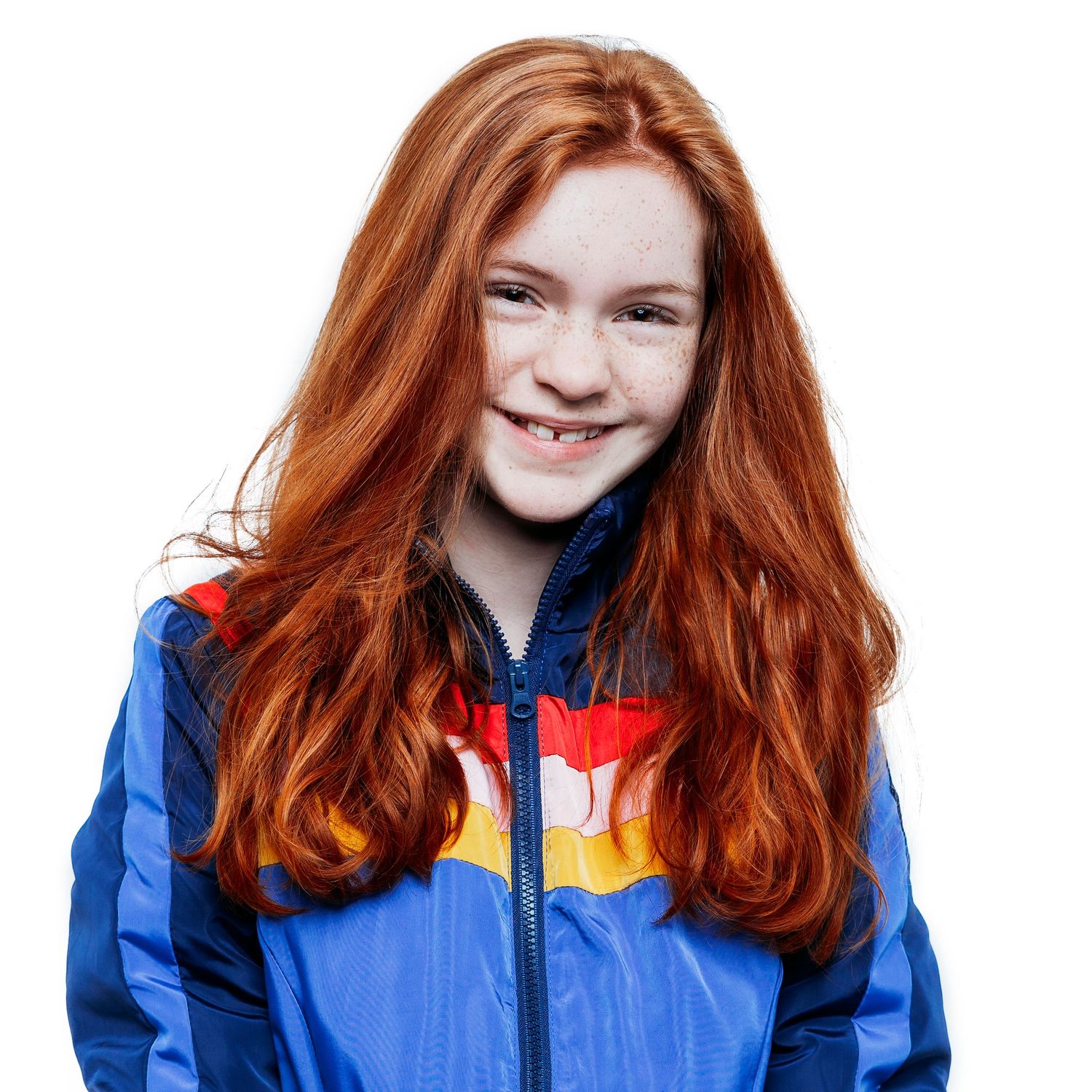 Person in blue and red windbreaker jacket shown in multiple poses.
