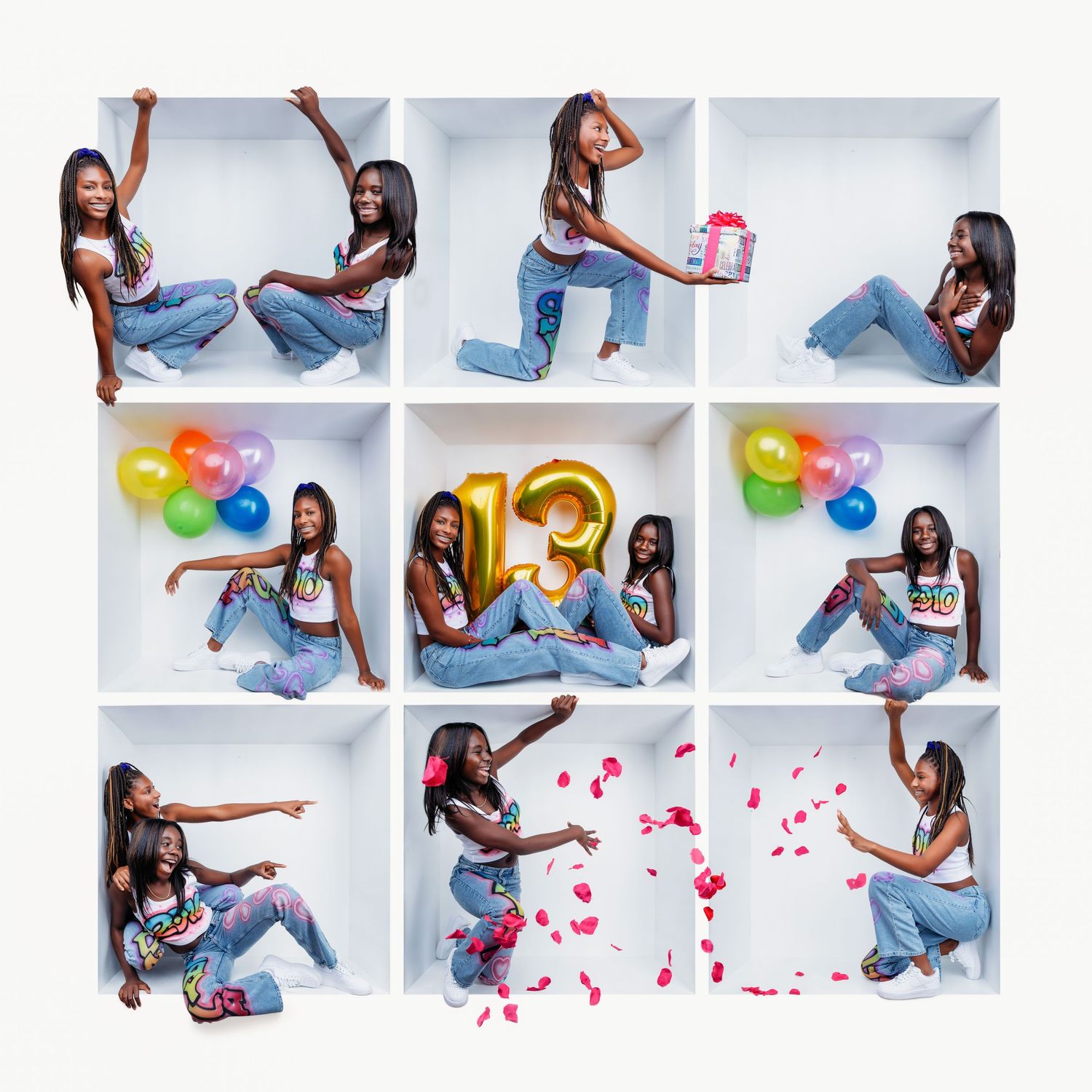 Creative photo collage showing playful poses with balloons and rose petals in white studio boxes.