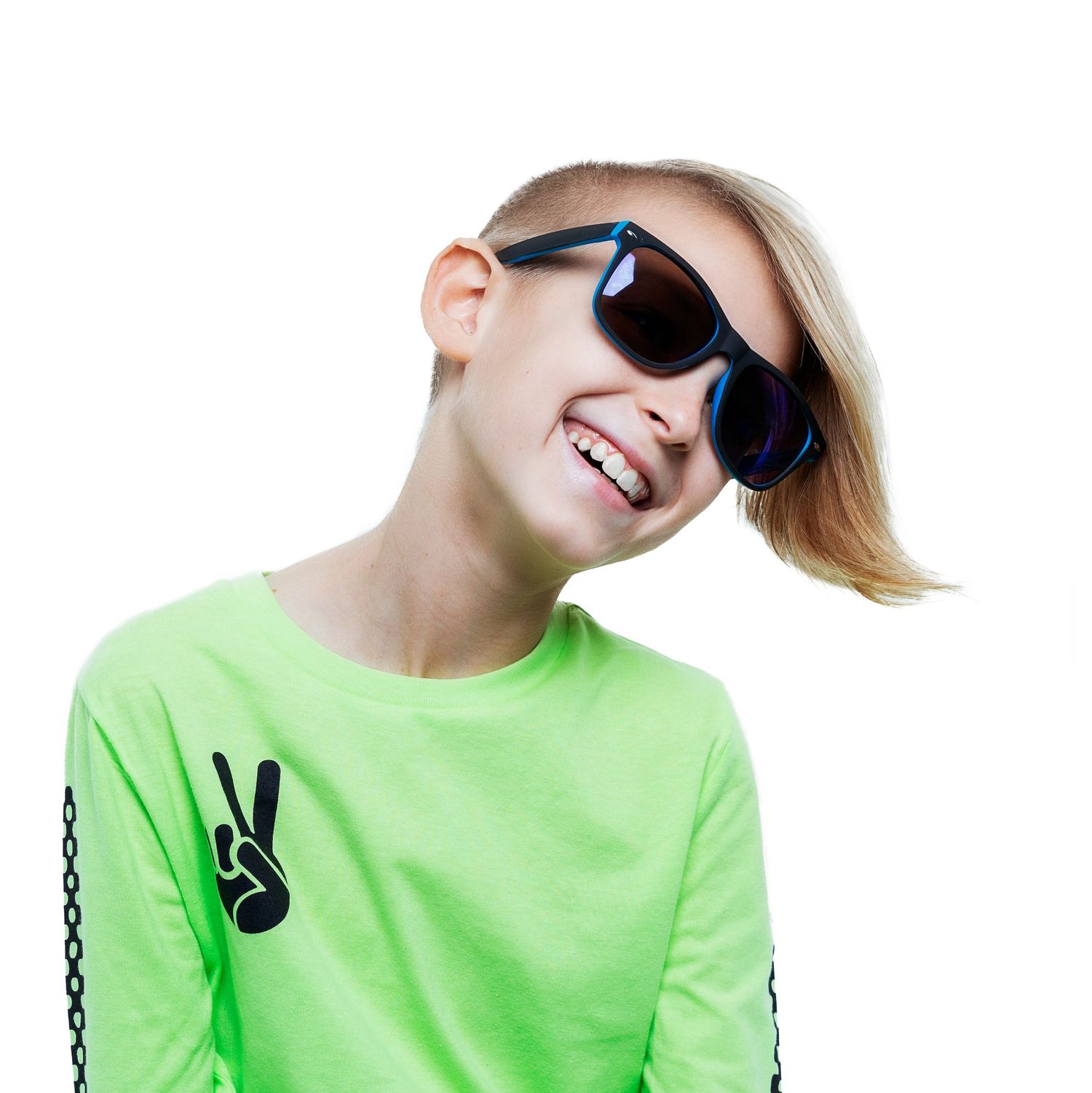 Person in neon green shirt and sunglasses striking fun poses against white background.