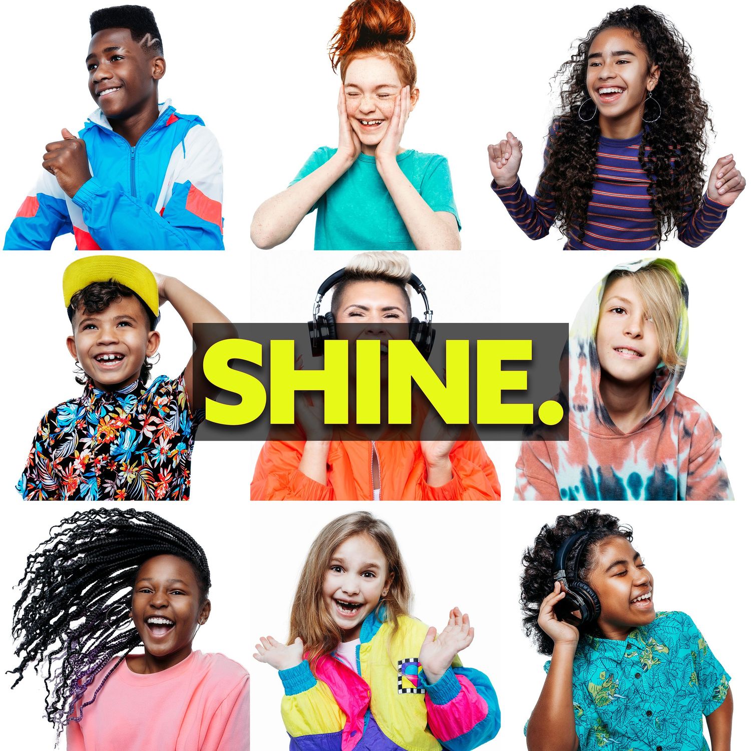 Colorful collage of diverse people expressing joy and happiness against white background.