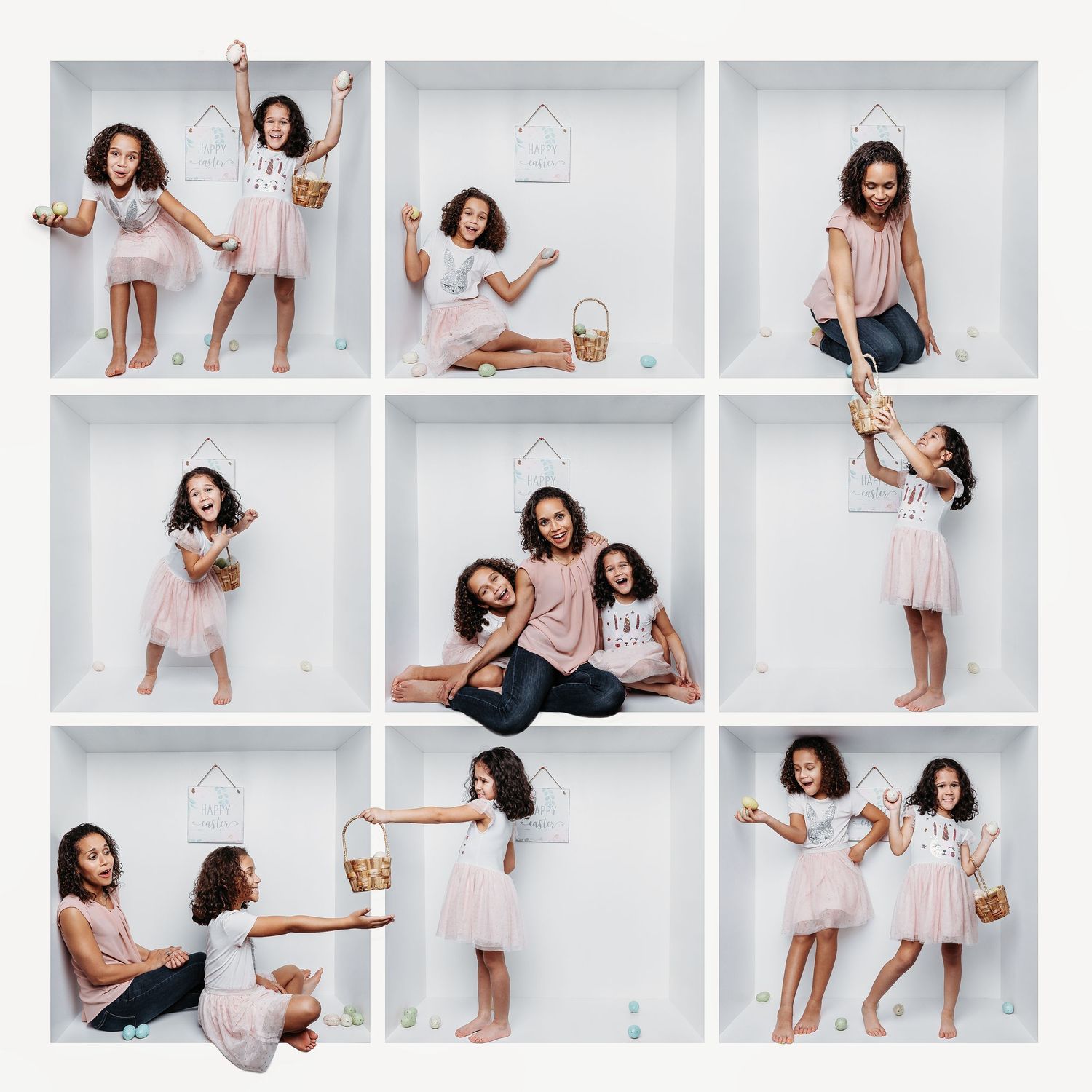 A playful photo collage showing different poses and interactions in white cube studio spaces.