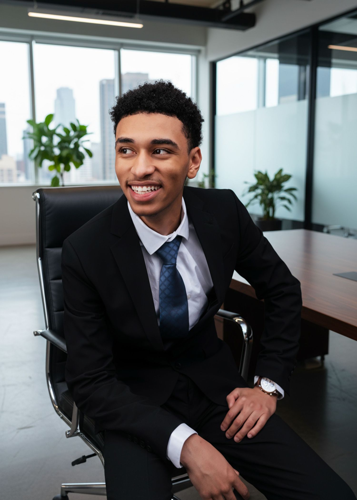Professional business portraits of person in suit relaxing in modern office setting.