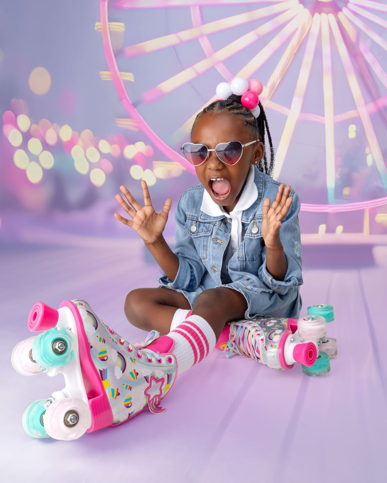Playful roller skating photo shoot with pink and white skates against carnival backdrop.