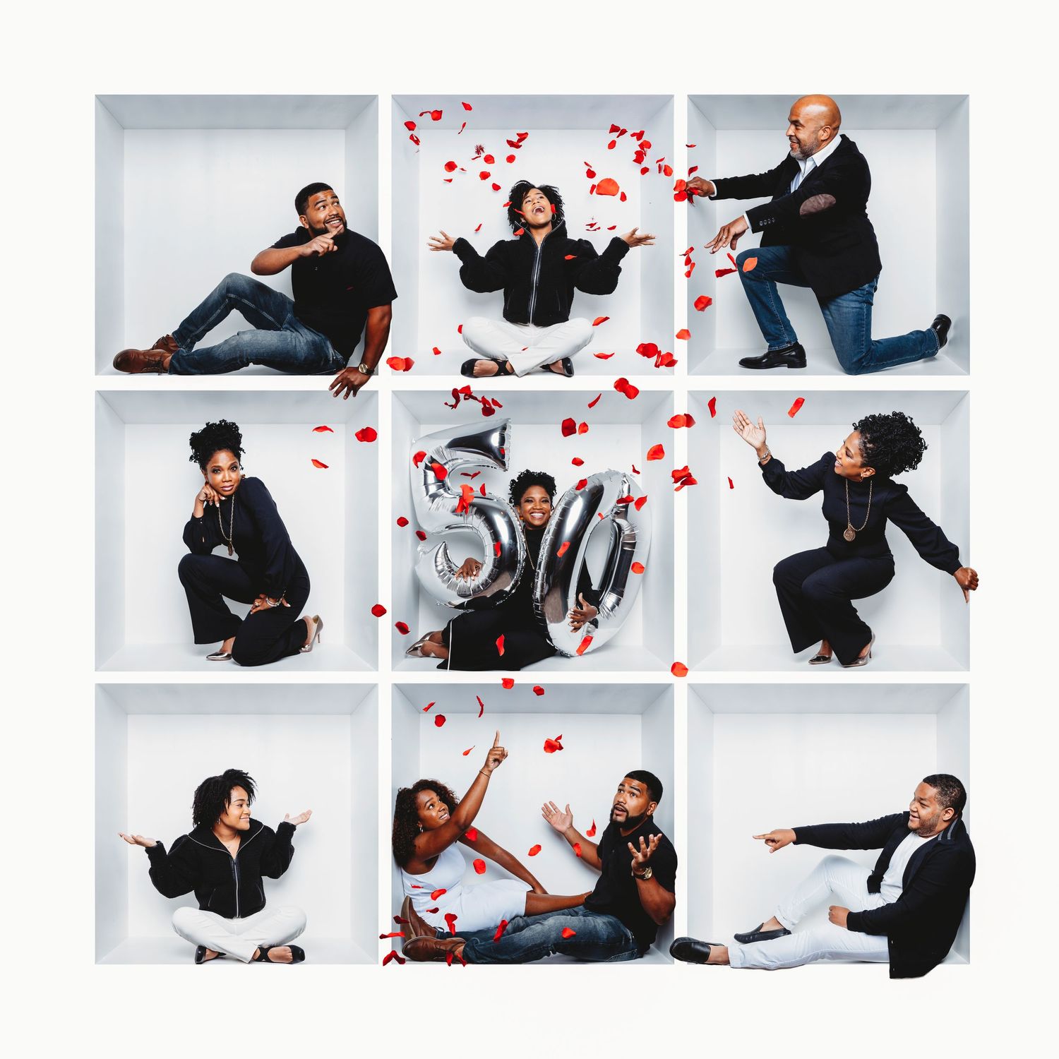Creative Valentine's themed photo collage with red rose petals in white studio setting.