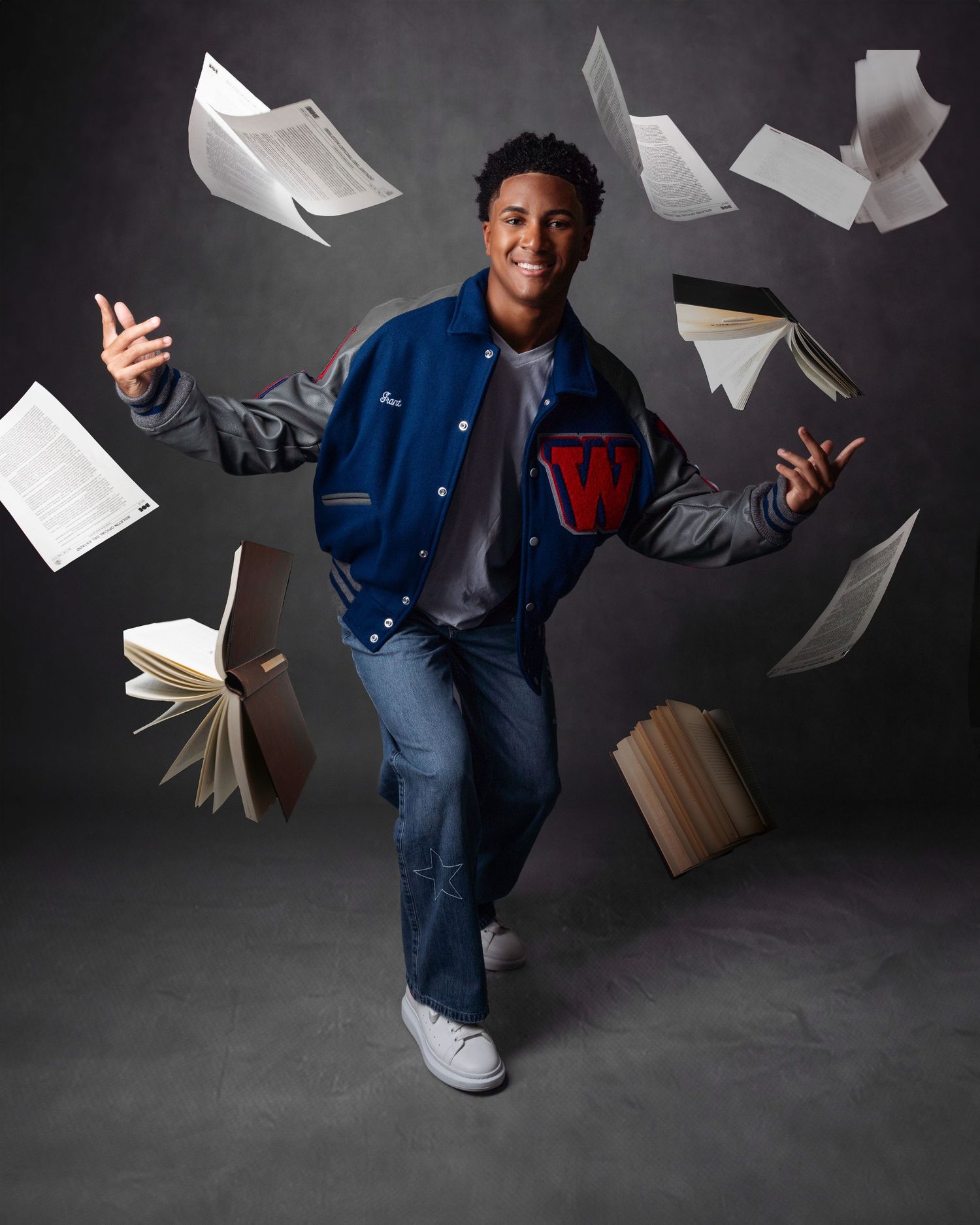 Dynamic photo series of person in denim throwing papers in studio setting.