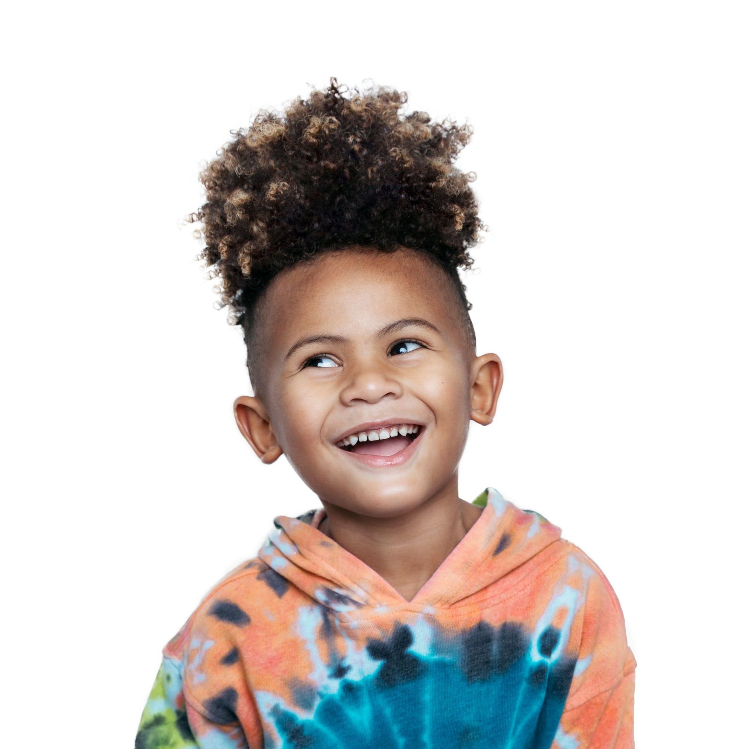 Child wearing tie-dye hoodie showing joyful expressions in sequence.