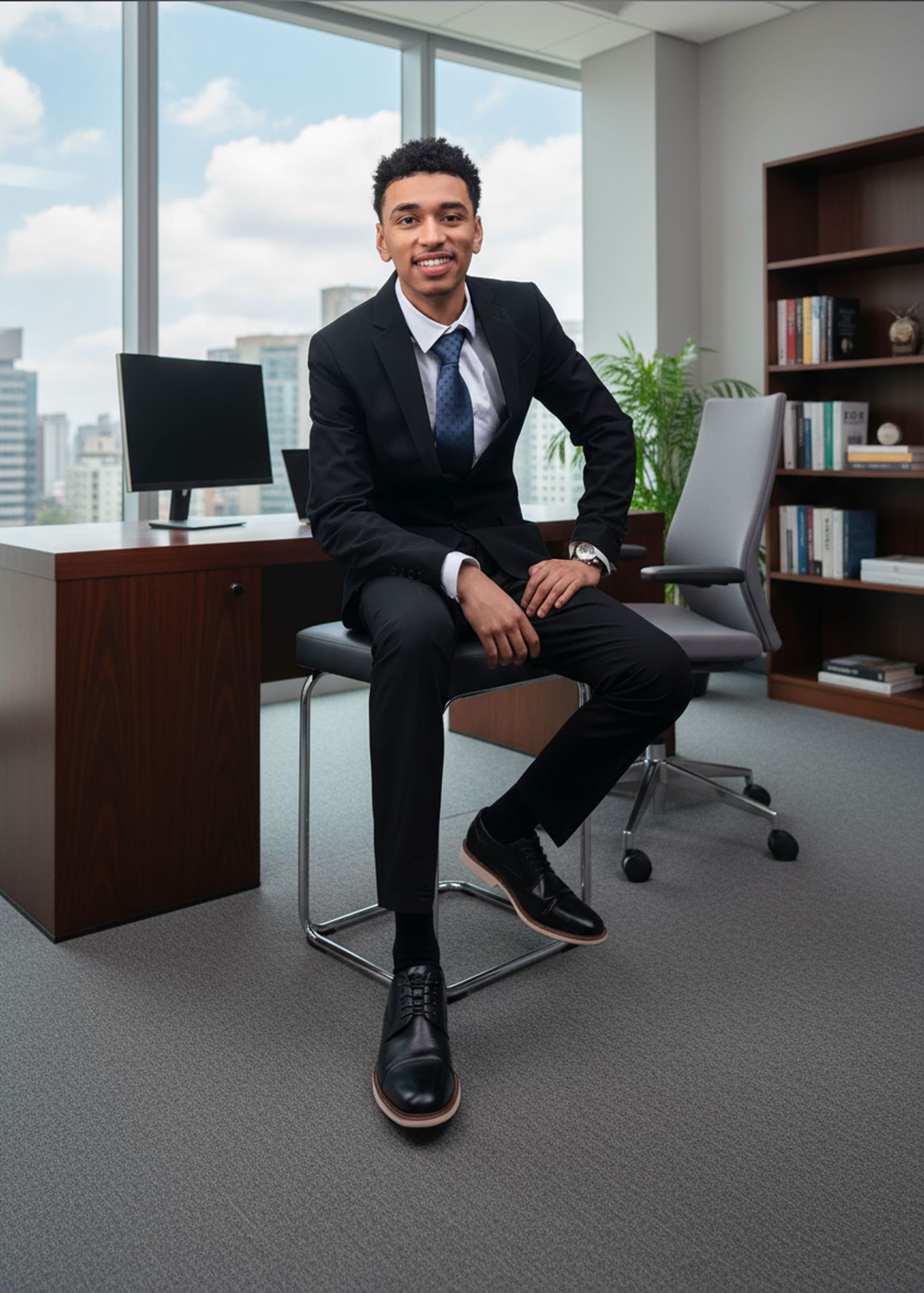 Business professional poses in modern office with city skyline views through windows.