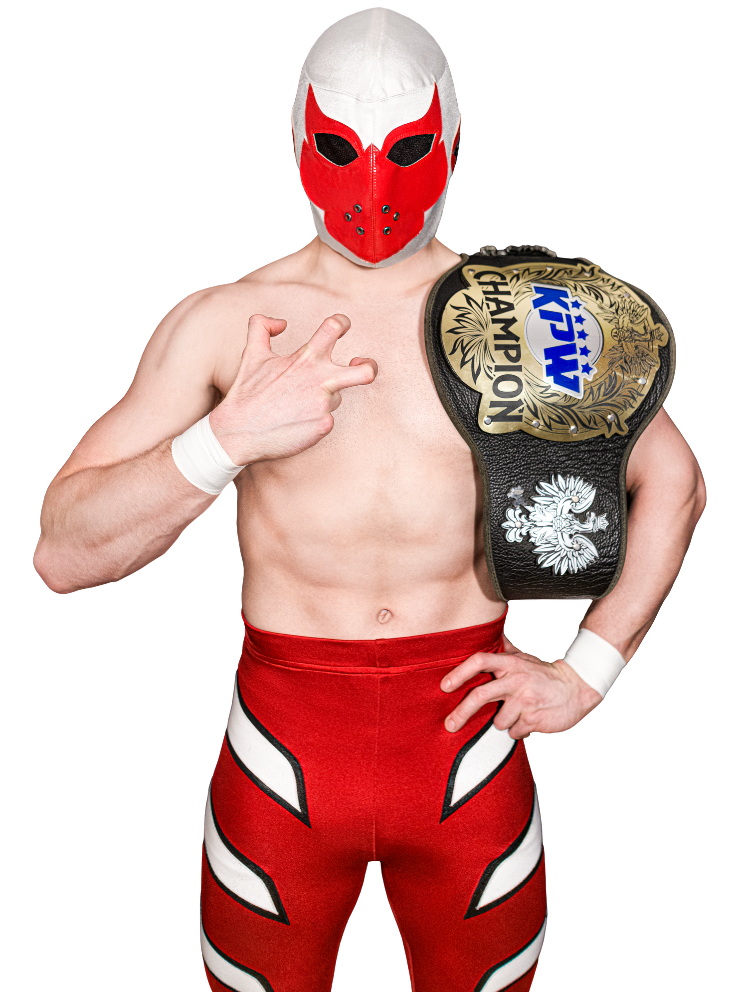 Wrestling champion in red costume and mask striking powerful stance with title belt.