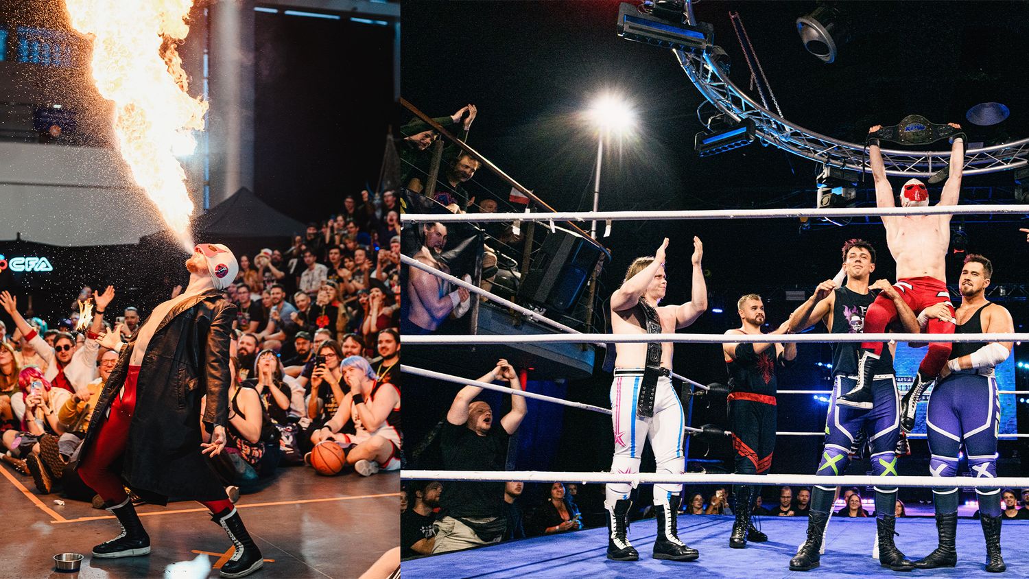 Wrestling event arena with pyrotechnics and crowd reactions during an intense match moment.