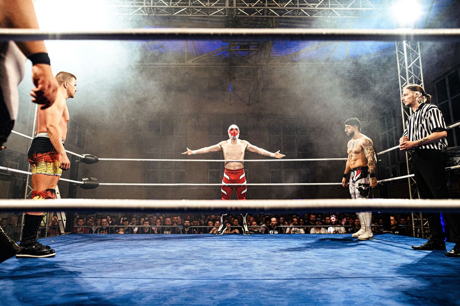 Professional wrestlers execute dramatic moves in a wrestling ring during an intense match sequence.