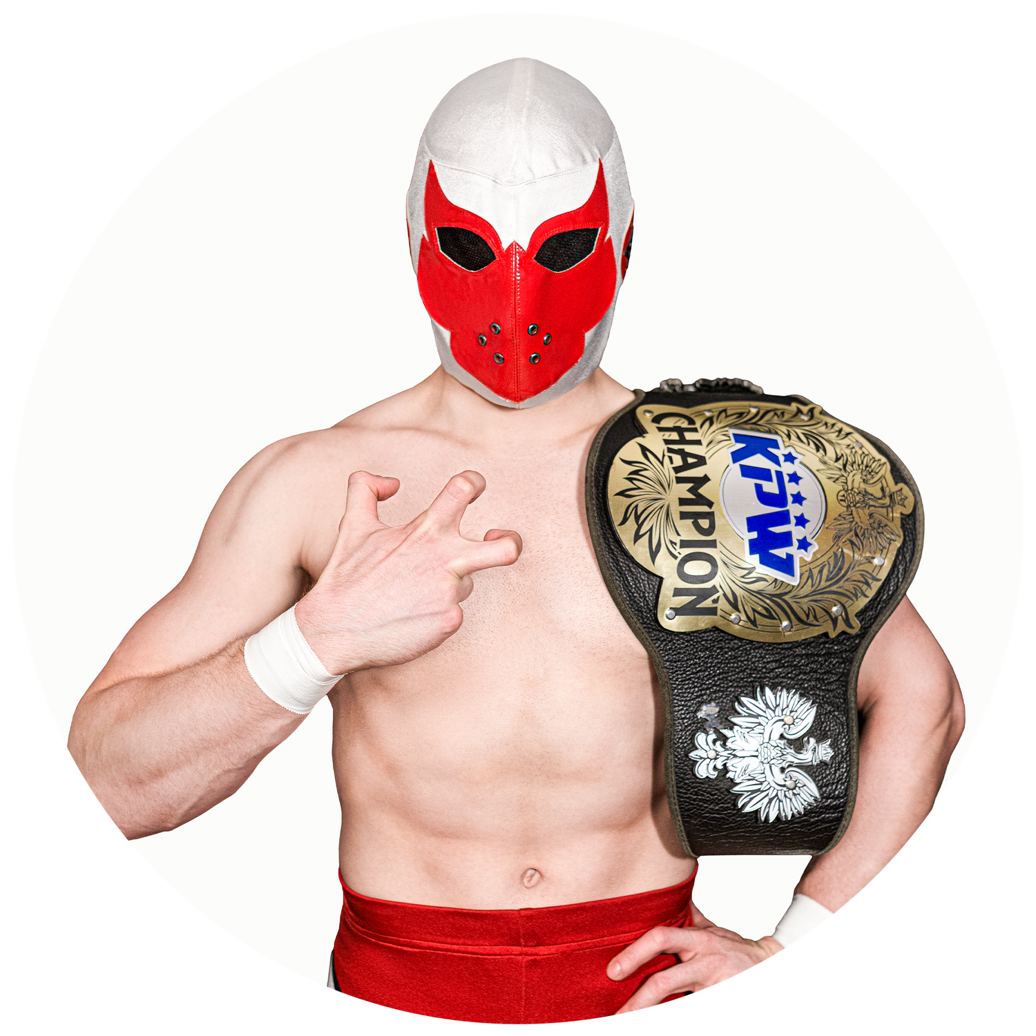 Masked wrestler in red and white attire displaying championship belt against white background.
