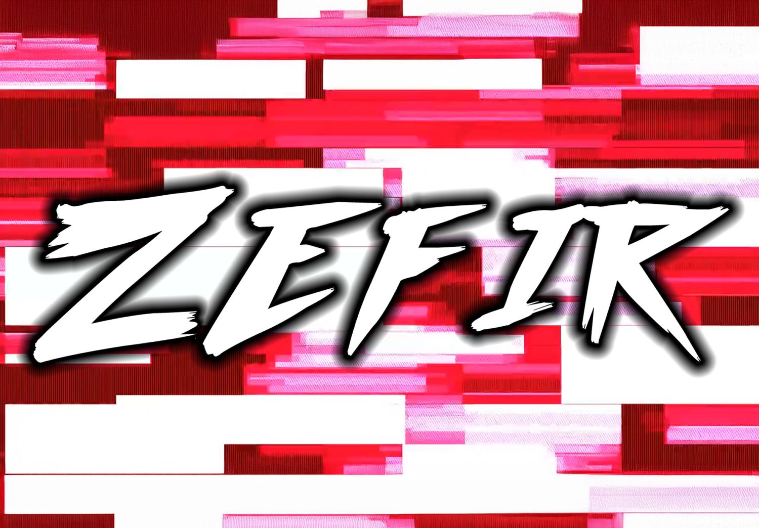 Distorted electronic display showing red and white geometric patterns and text effects.
