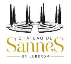 Château de Sannes en Luberon logo featuring elegant topiary gardens and gold typography on white background.