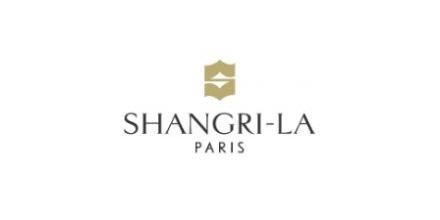 Gold Shangri-La Paris luxury hotel logo with geometric emblem on white background.