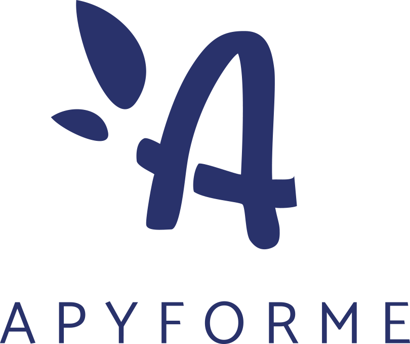 A stylized blue letter A with leaf-like elements forms the logo for Apyforme against a dark background.
