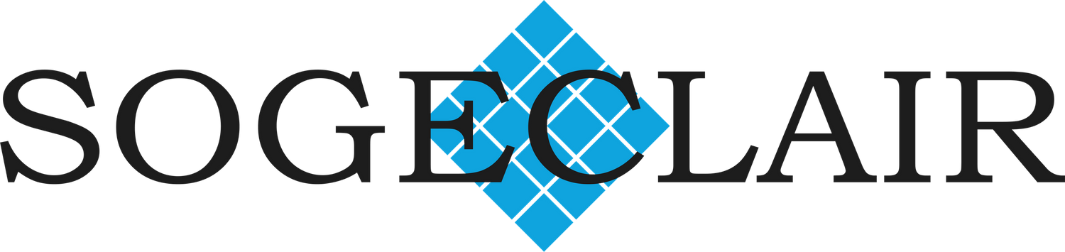 Black text logo design for Soge Clair with a blue diamond shaped symbol.