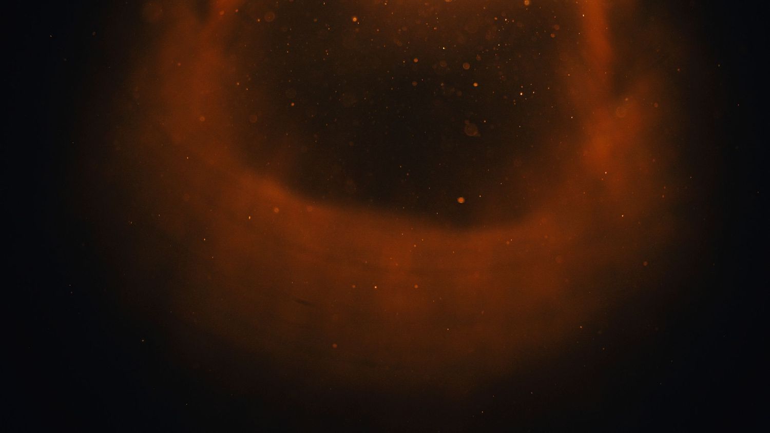 Vibrant orange smoke trails swirl gracefully against a dark black background creating an ethereal abstract pattern.