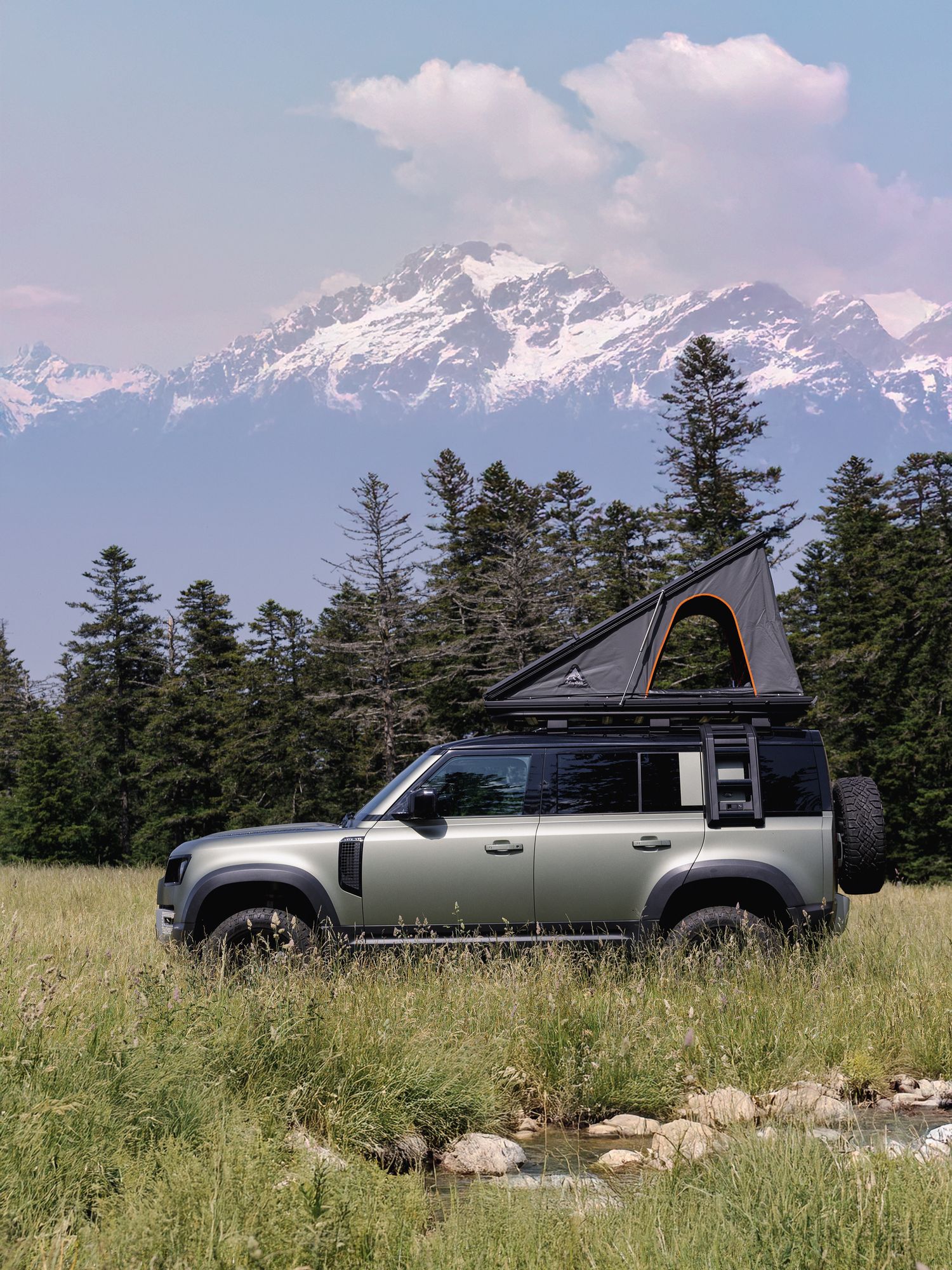 A silver Land Rover Defender with rooftop tent parked in a grassy meadow with snow-capped mountains in the background.