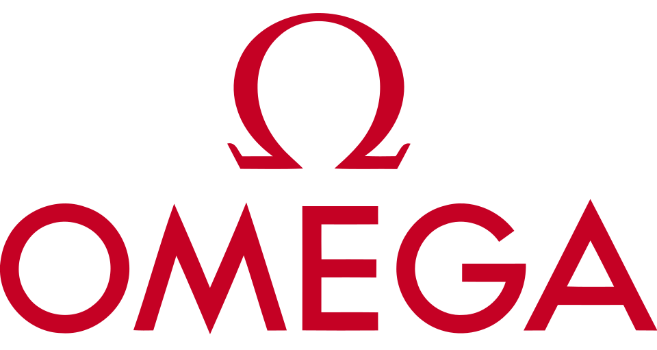 Omega luxury watch brand logo featuring the Greek omega symbol above bold red OMEGA text on white background.