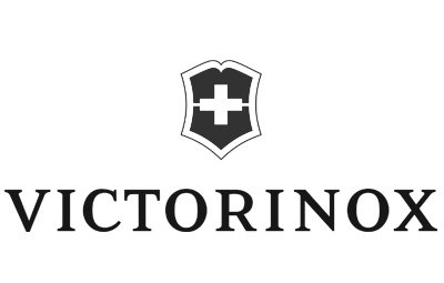 Victorinox brand logo in black featuring their iconic shield emblem with a cross against dark background.