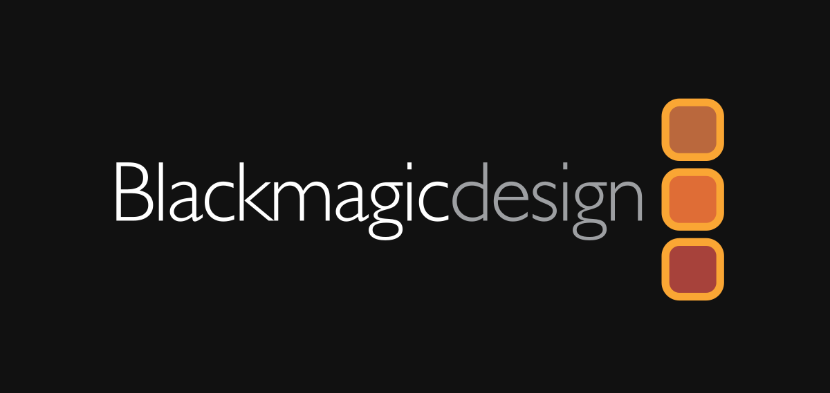 Blackmagic Design logo in white text on black background with orange squares.