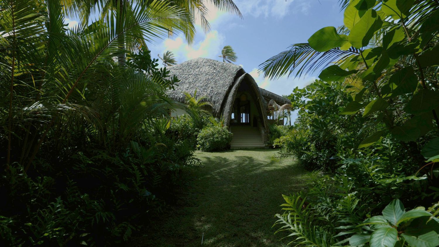 A tropical hut with a pointed thatched roof nestled among lush palm trees and foliage in a verdant garden setting.