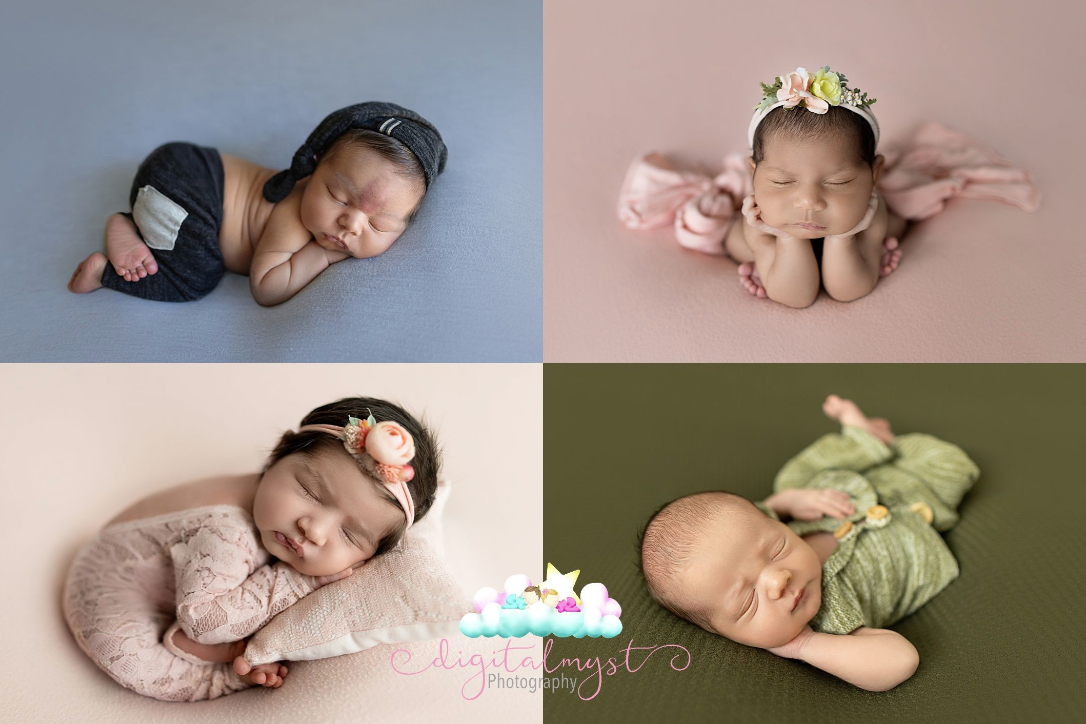 A collection of four professional newborn portraits showing peaceful sleeping babies in different poses and colored backgrounds.
