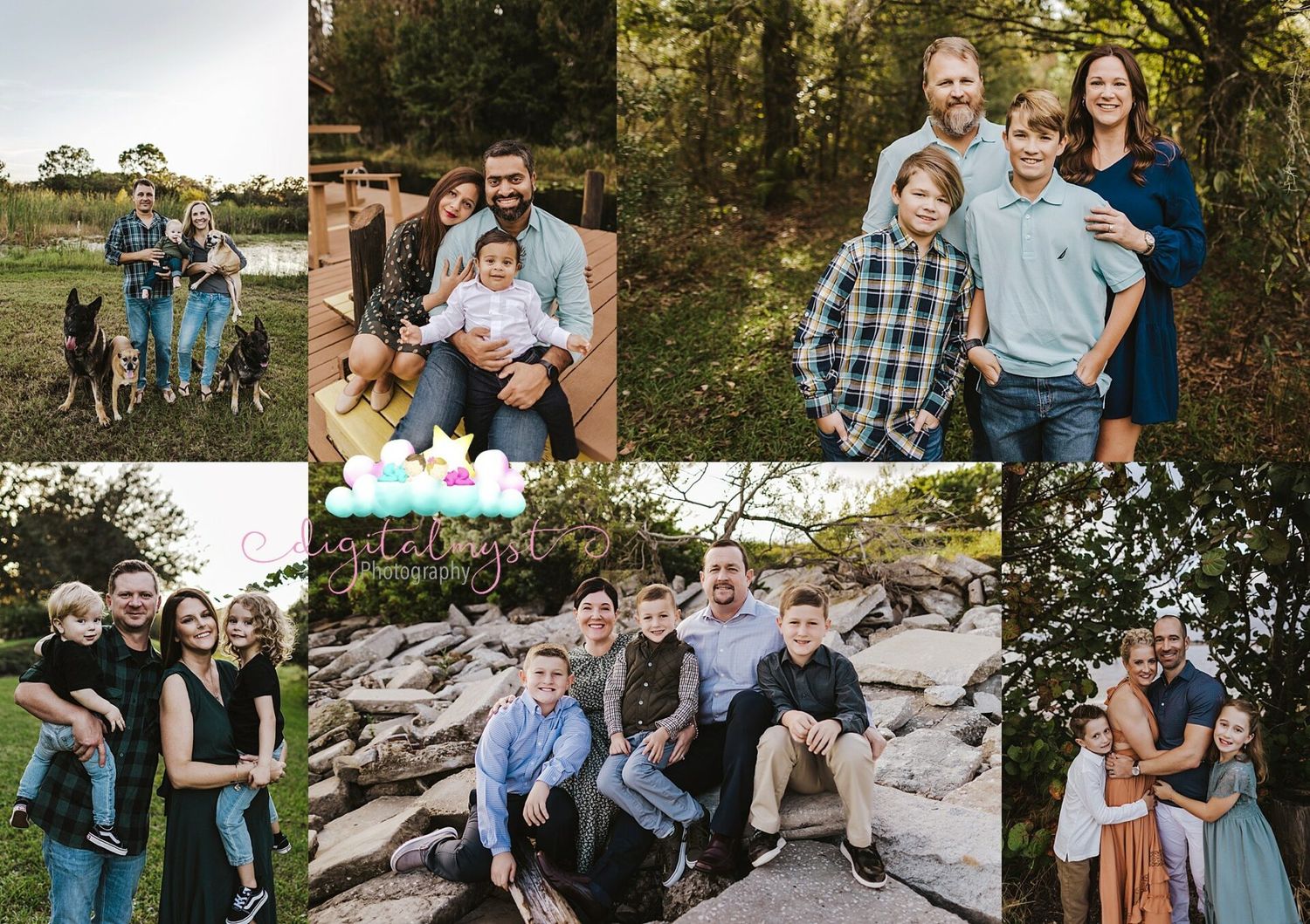 Collage of six casual outdoor family portraits featuring matching blue and neutral tones against natural backgrounds.
