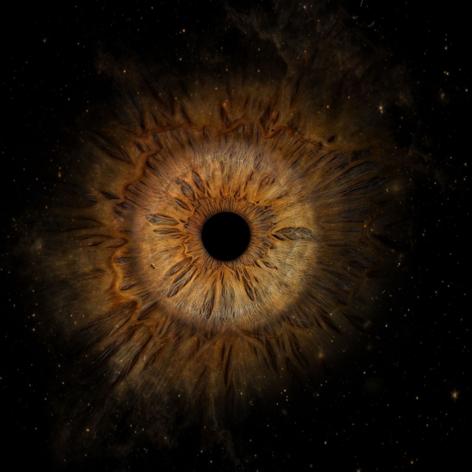 A mesmerizing sequence of golden nebula-like formations with a dark center creates a cosmic eye effect in space.
