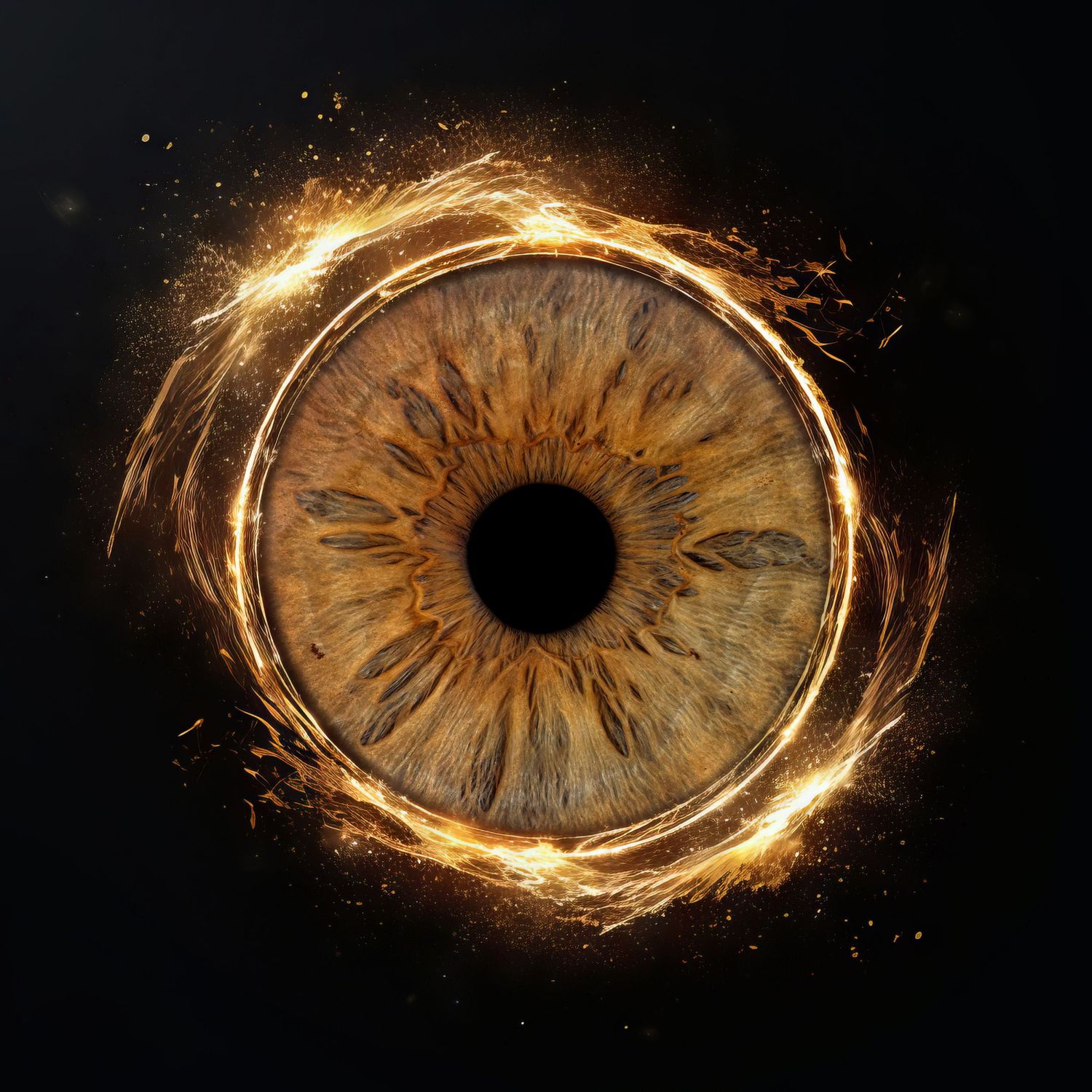 Artistic sequence showing a golden glowing eye iris transforming through different fiery abstract stages against black background.