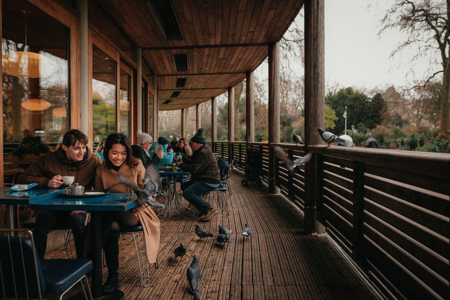 Rustic wooden deck overlooks a scenic landscape at golden hour.
