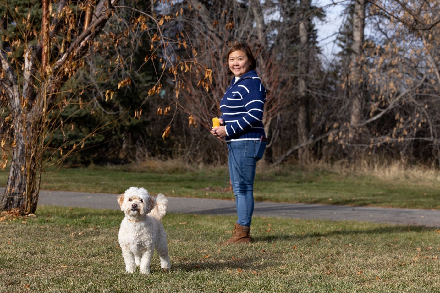 A white fluffy dog walks alongside someone on a paved path through a park on a sunny autumn day.