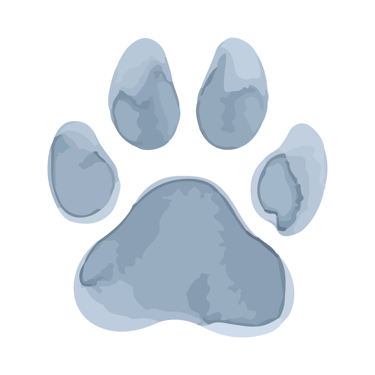 Blue watercolor dog paw prints arranged in a horizontal row against a white background.