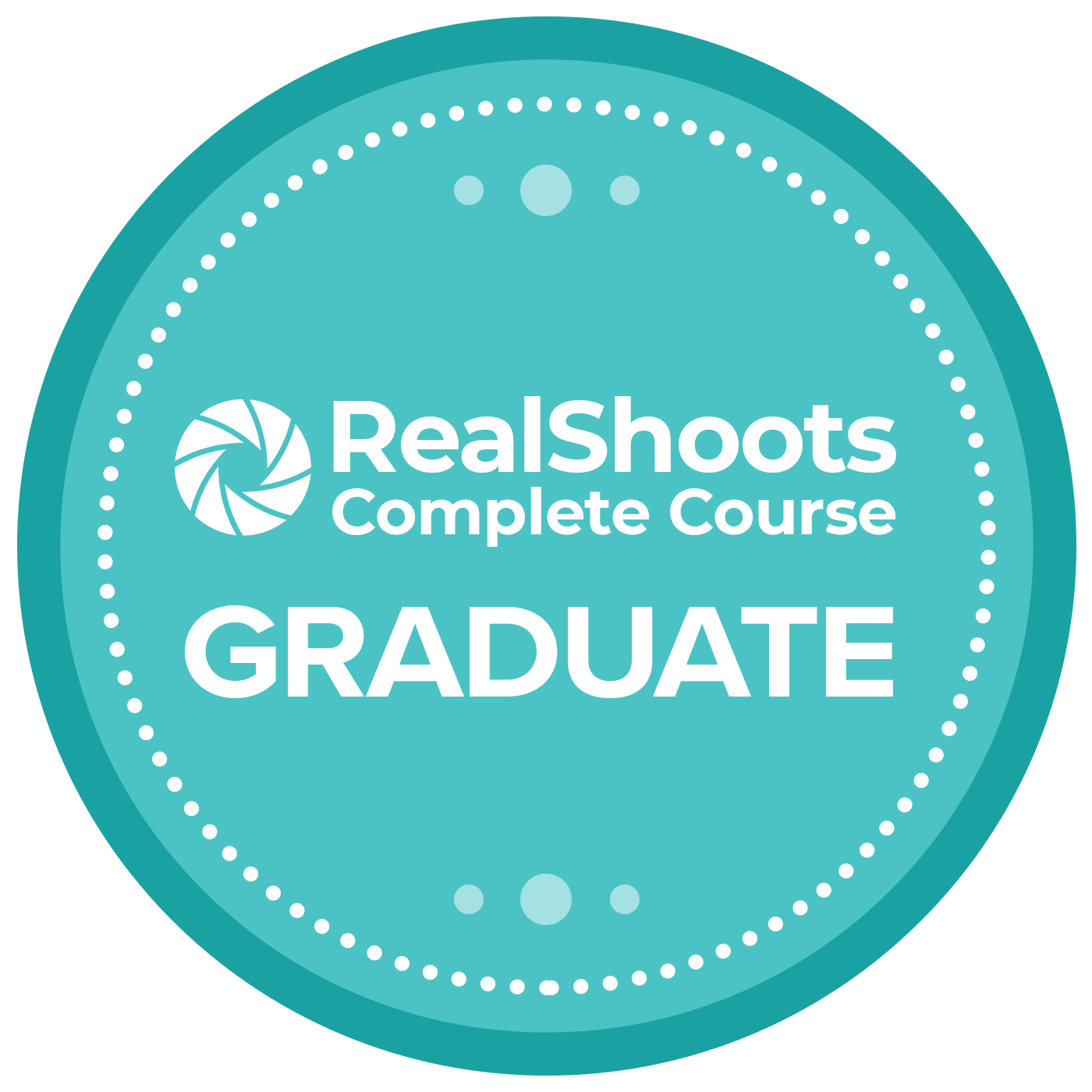 Four teal oval badges showing progression through RealShoots course completion and graduation status.
