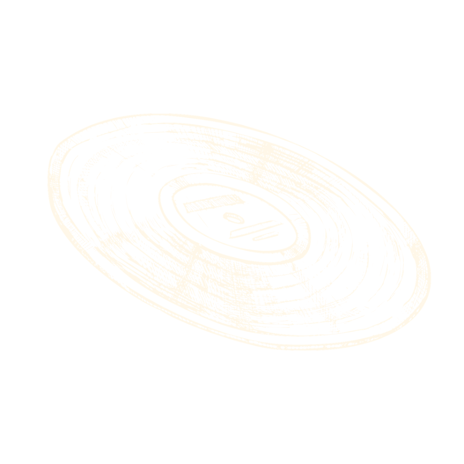 White circular vinyl record sketch on black background showing grooves in a minimalist design style.