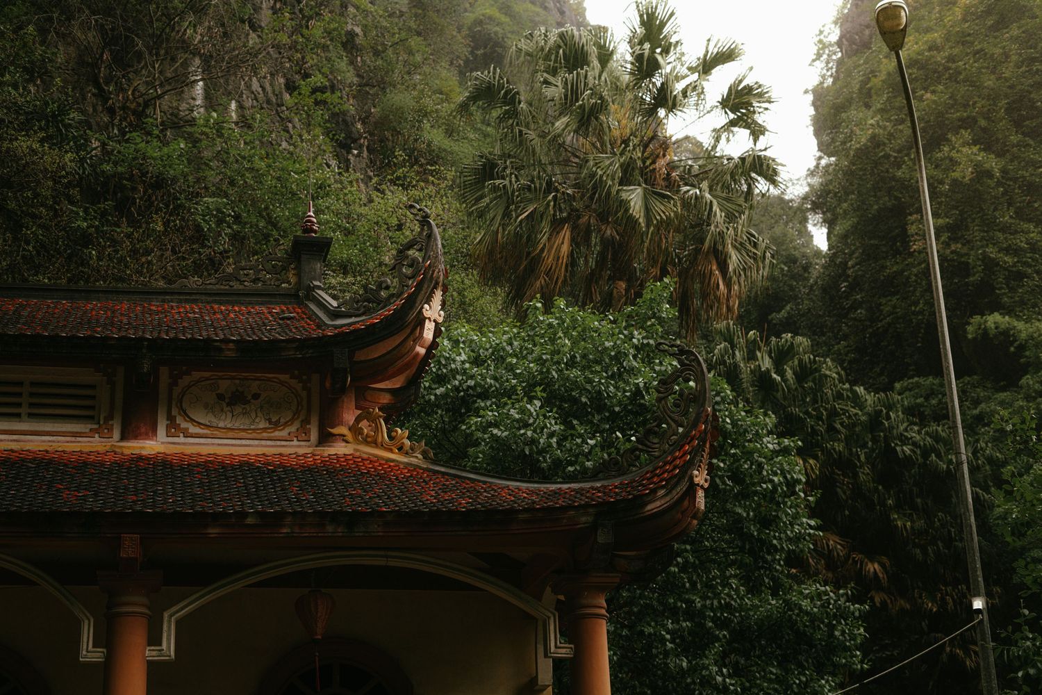 Traditional Asian temple pavilion with curved roof details nestled among lush tropical forest.