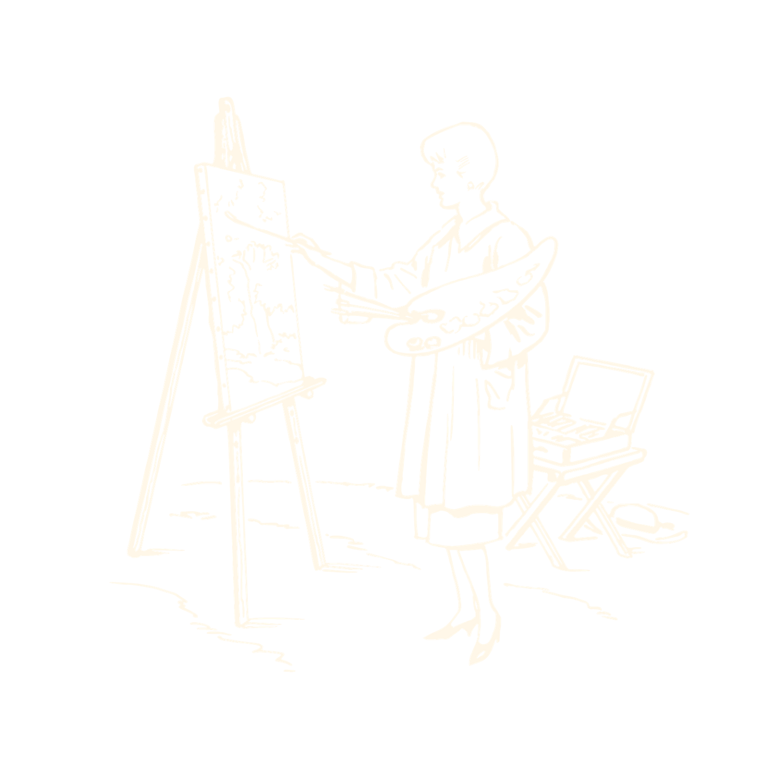 Line illustration of an artist standing at an easel with painting supplies.